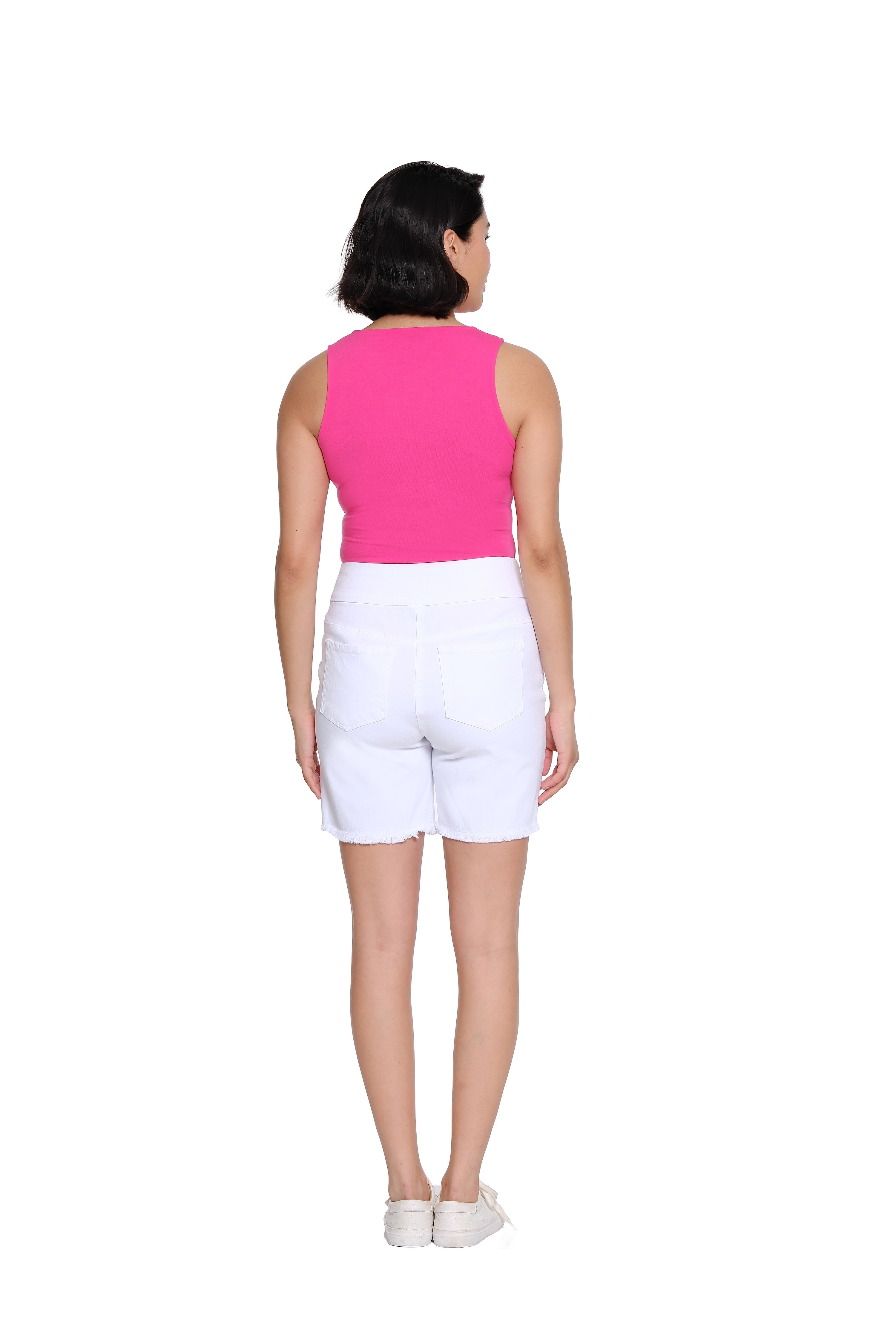 Stretch Denim Short with Fringe Hem - White