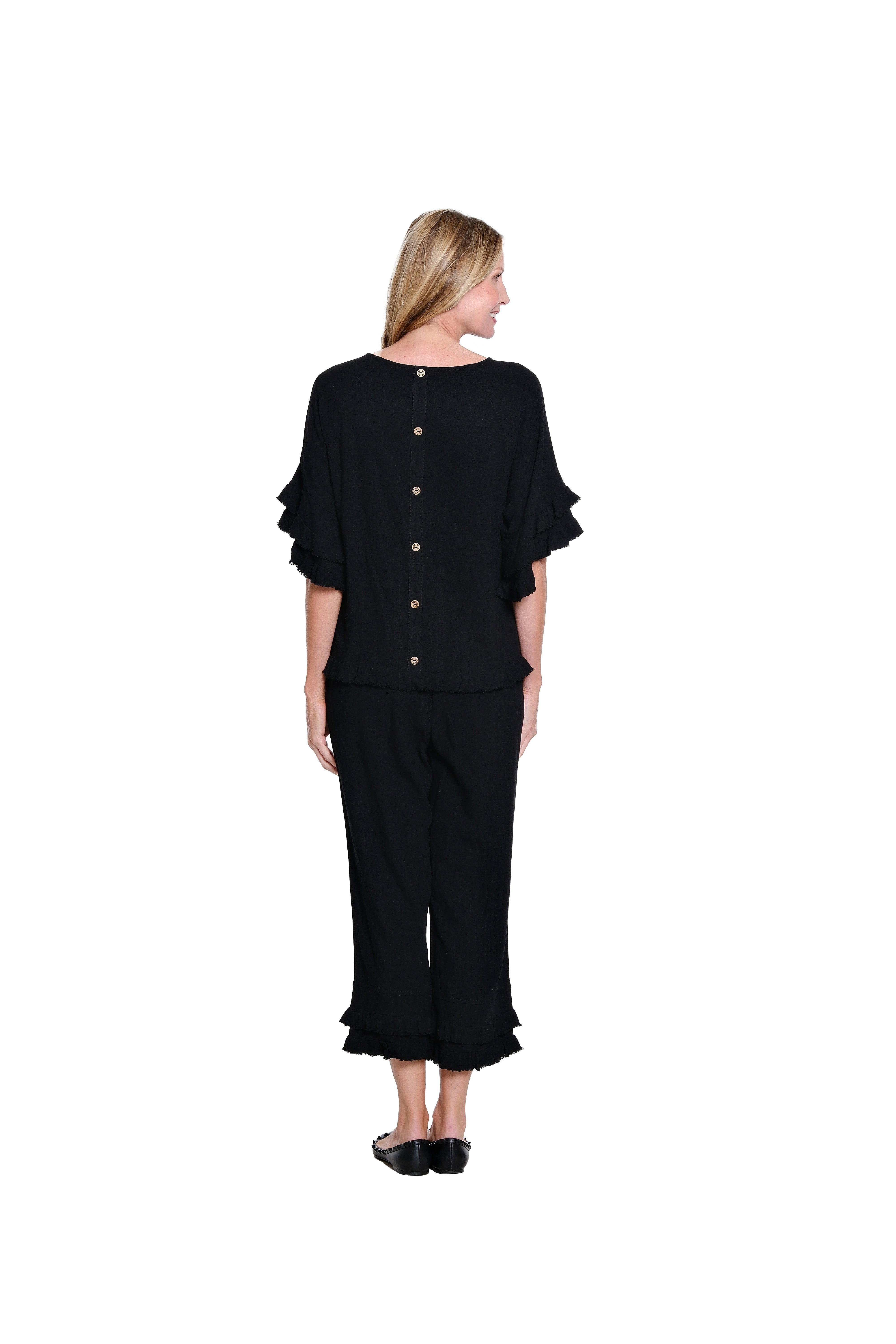 Textured Slub Crop Pant with Flounce Fringe Hem - Black