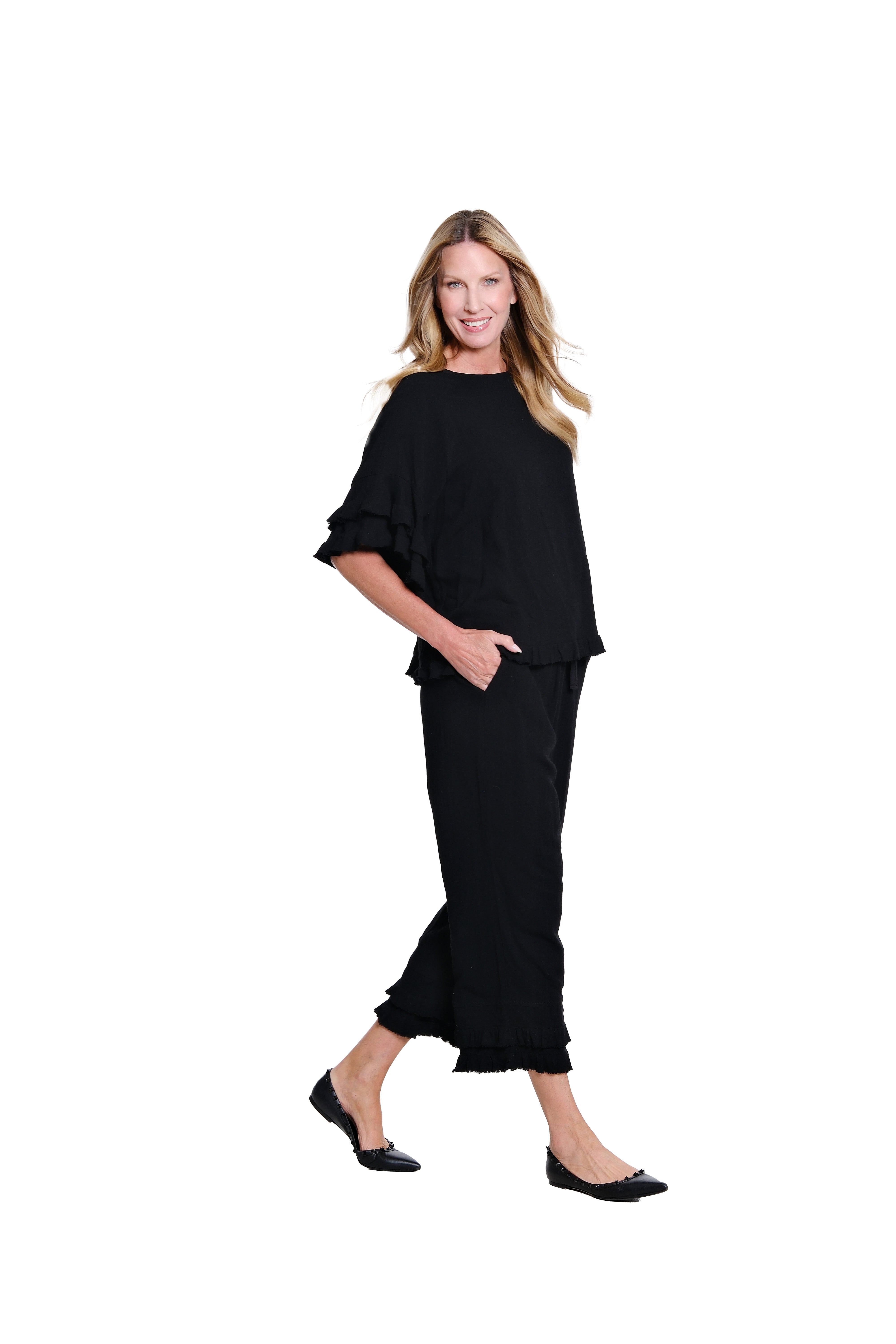 Textured Slub Crop Pant with Flounce Fringe Hem - Black