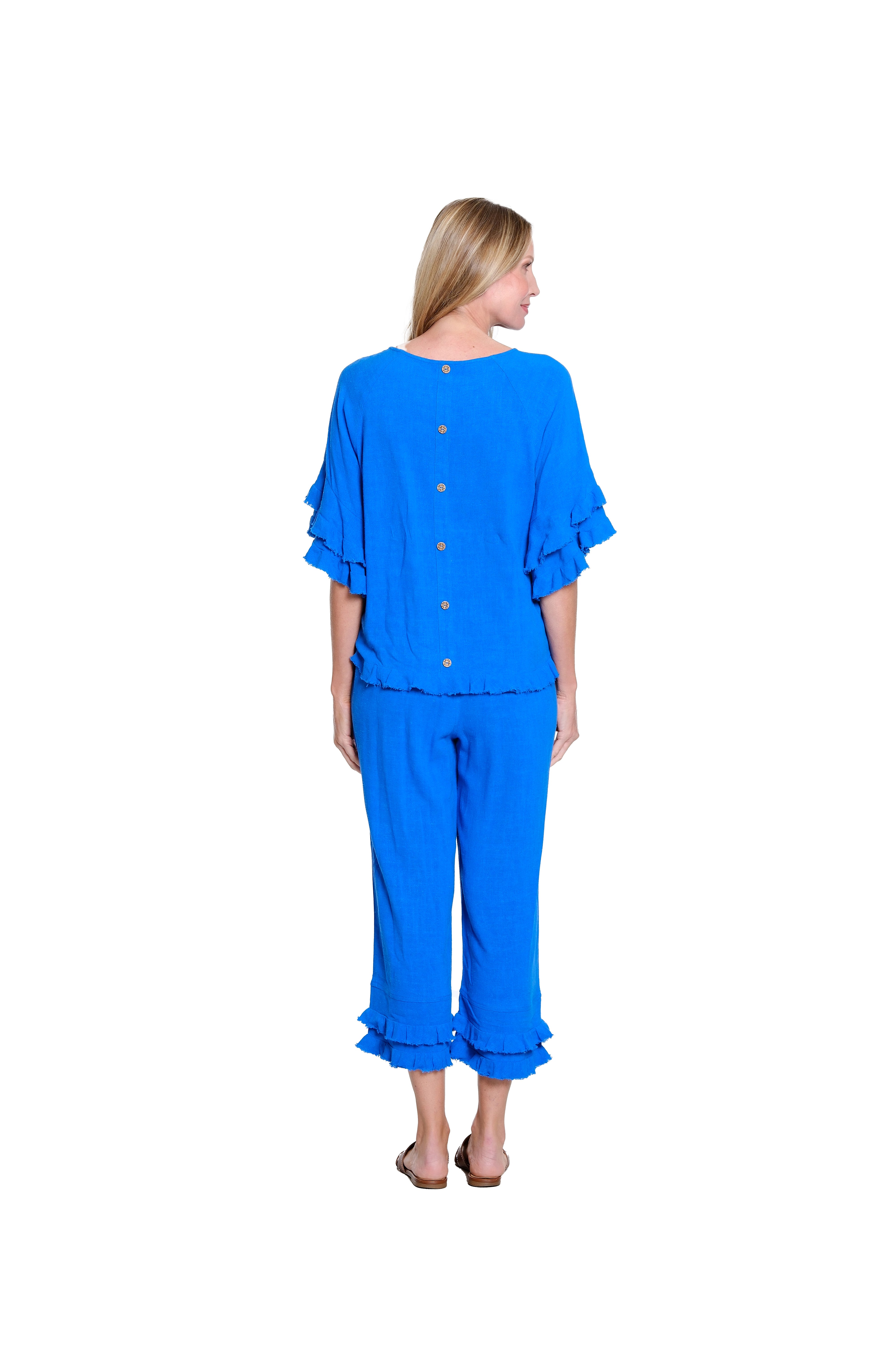 Textured Slub Crop Pant with Flounce Fringe Hem - Electric Blue