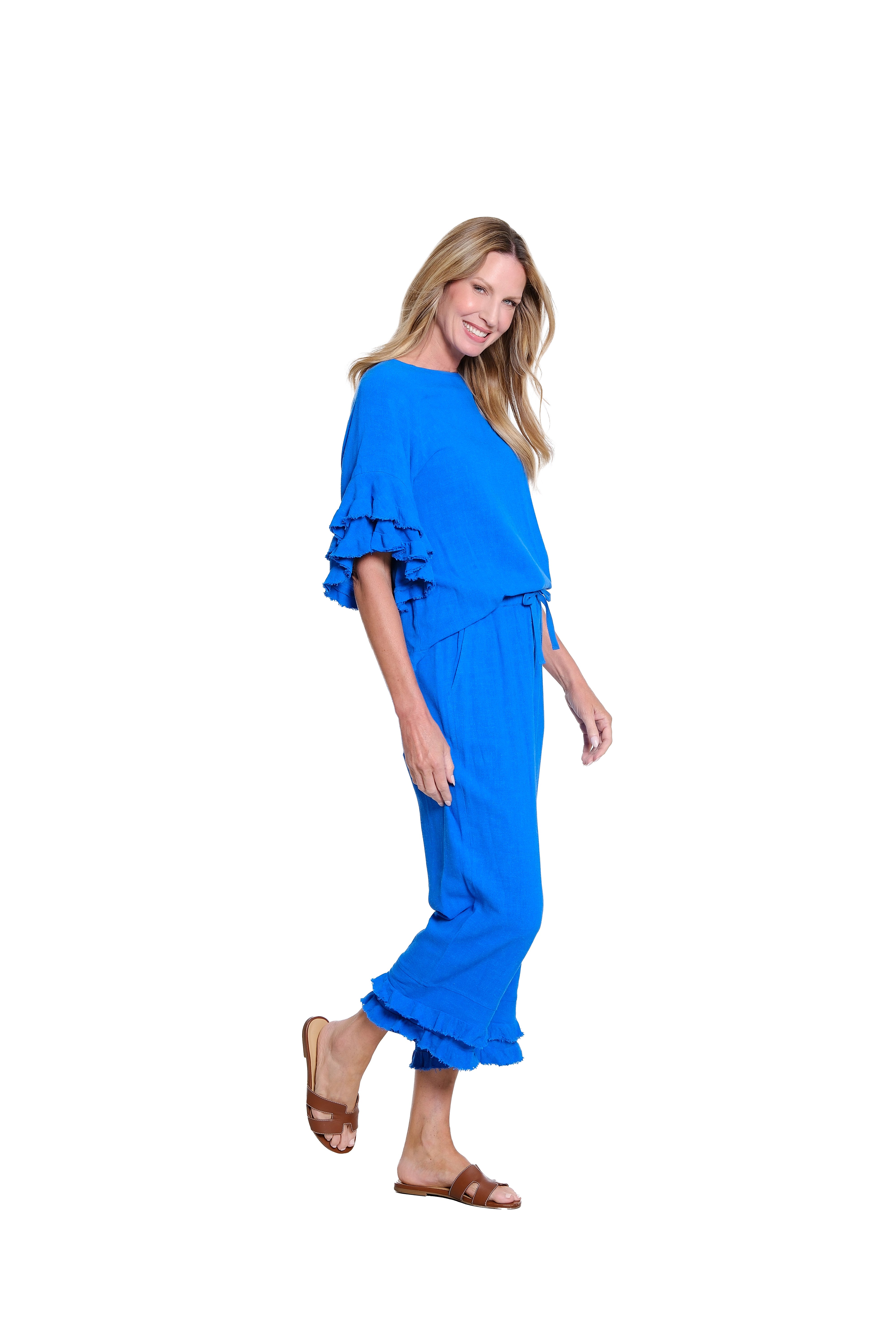 Textured Slub Crop Pant with Flounce Fringe Hem - Electric Blue