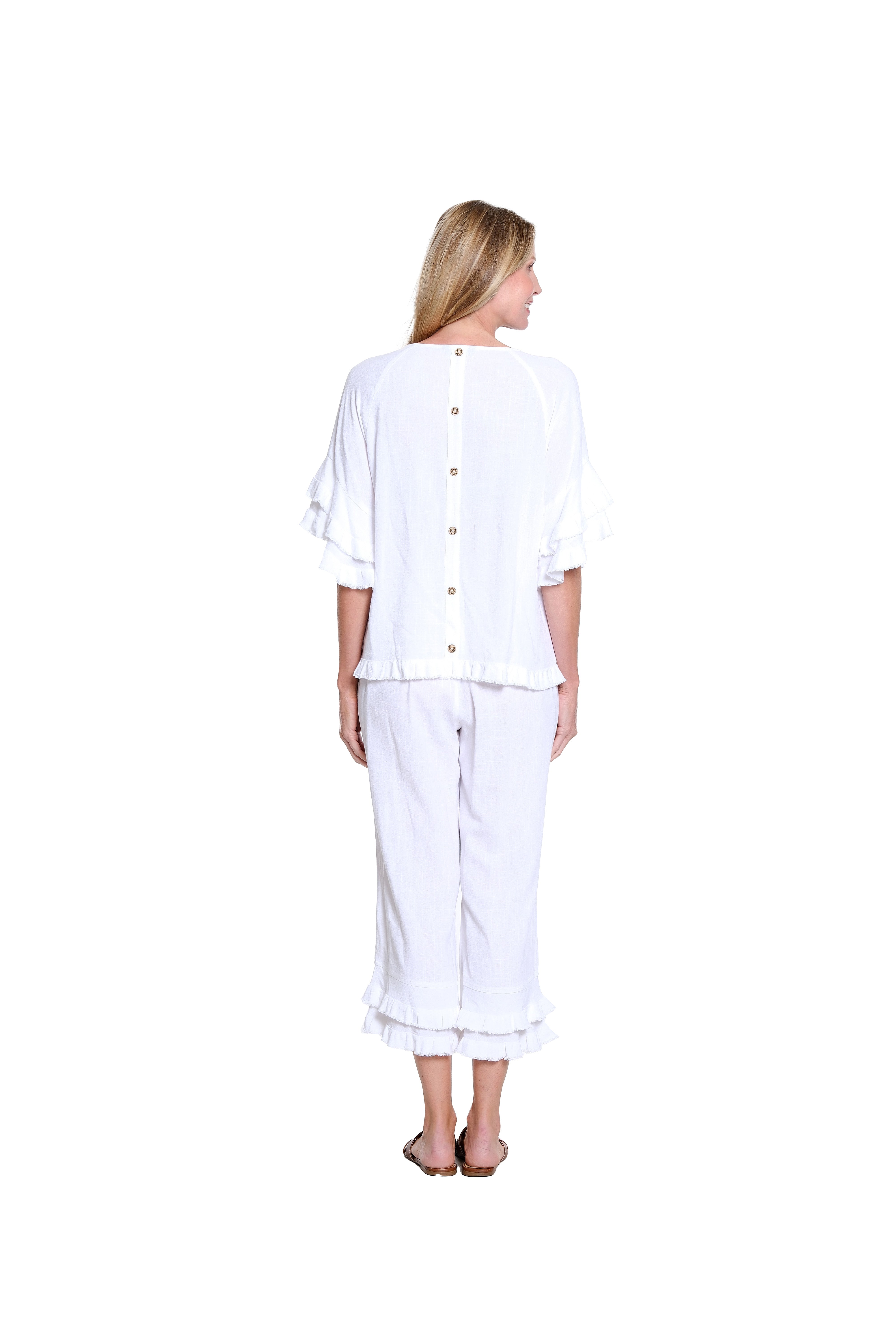 Textured Slub Crop Pant with Flounce Fringe Hem - White