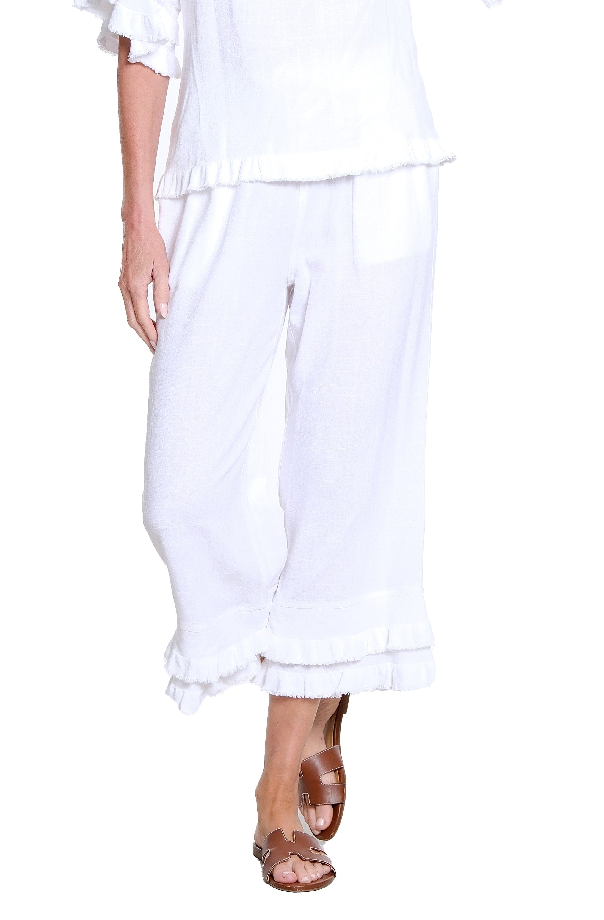 Textured Slub Crop Pant with Flounce Fringe Hem - White