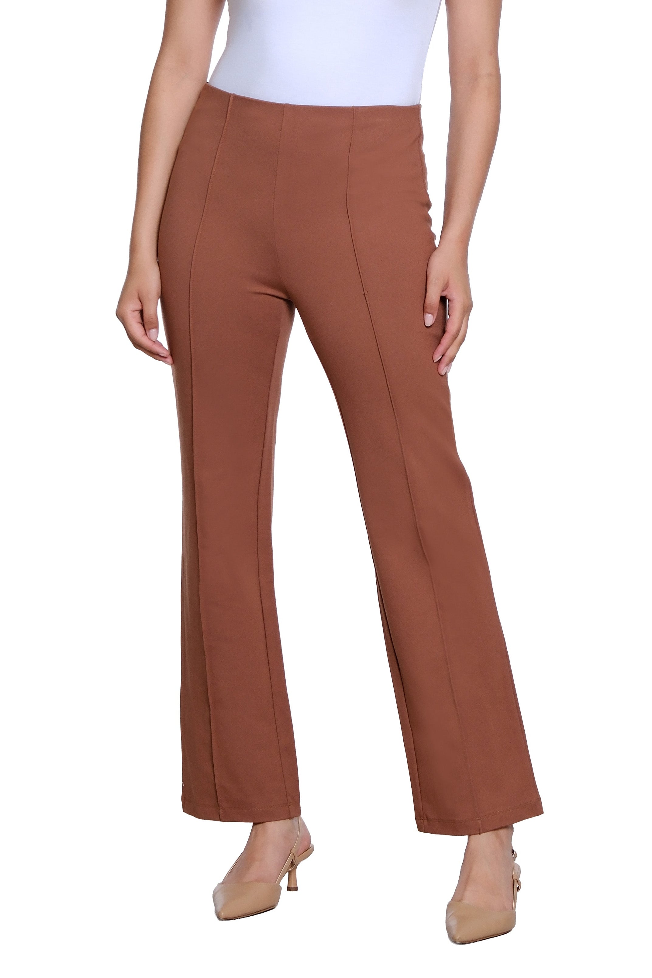 Elastic No Waist Pintuck Flare Leg Knit Ankle Pant - Cocoa