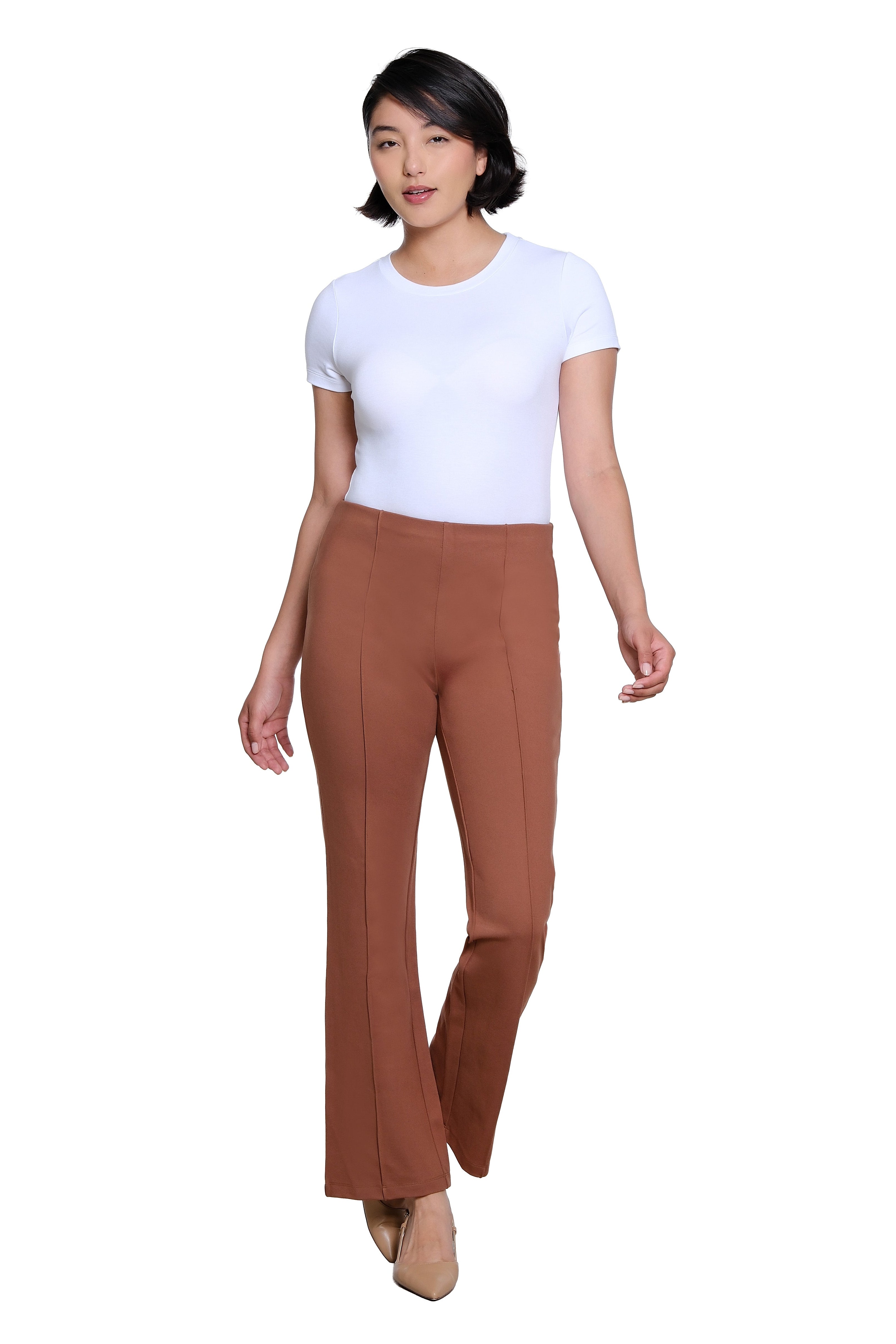Elastic No Waist Pintuck Flare Leg Knit Ankle Pant - Cocoa