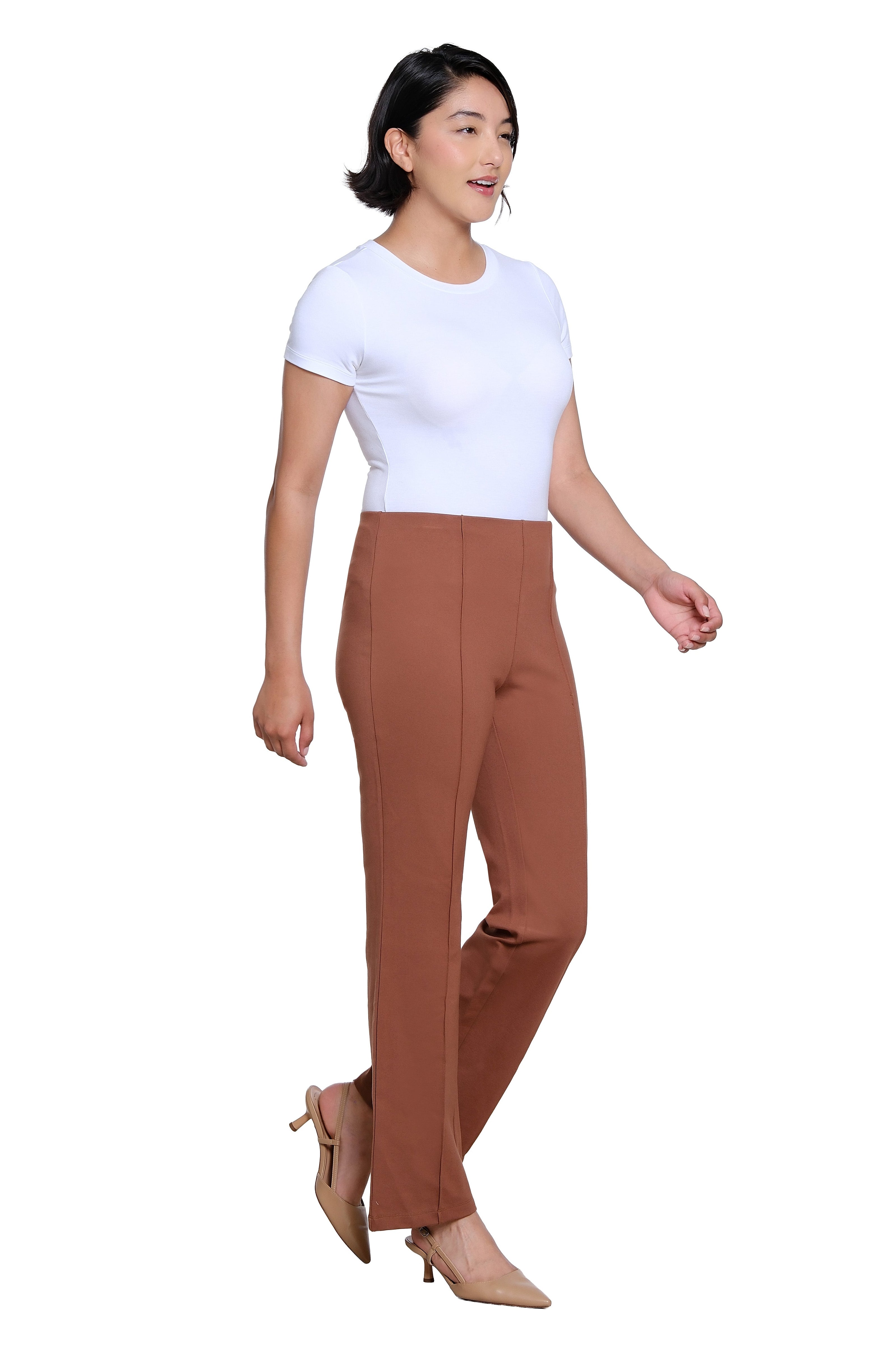 Elastic No Waist Pintuck Flare Leg Knit Ankle Pant - Cocoa