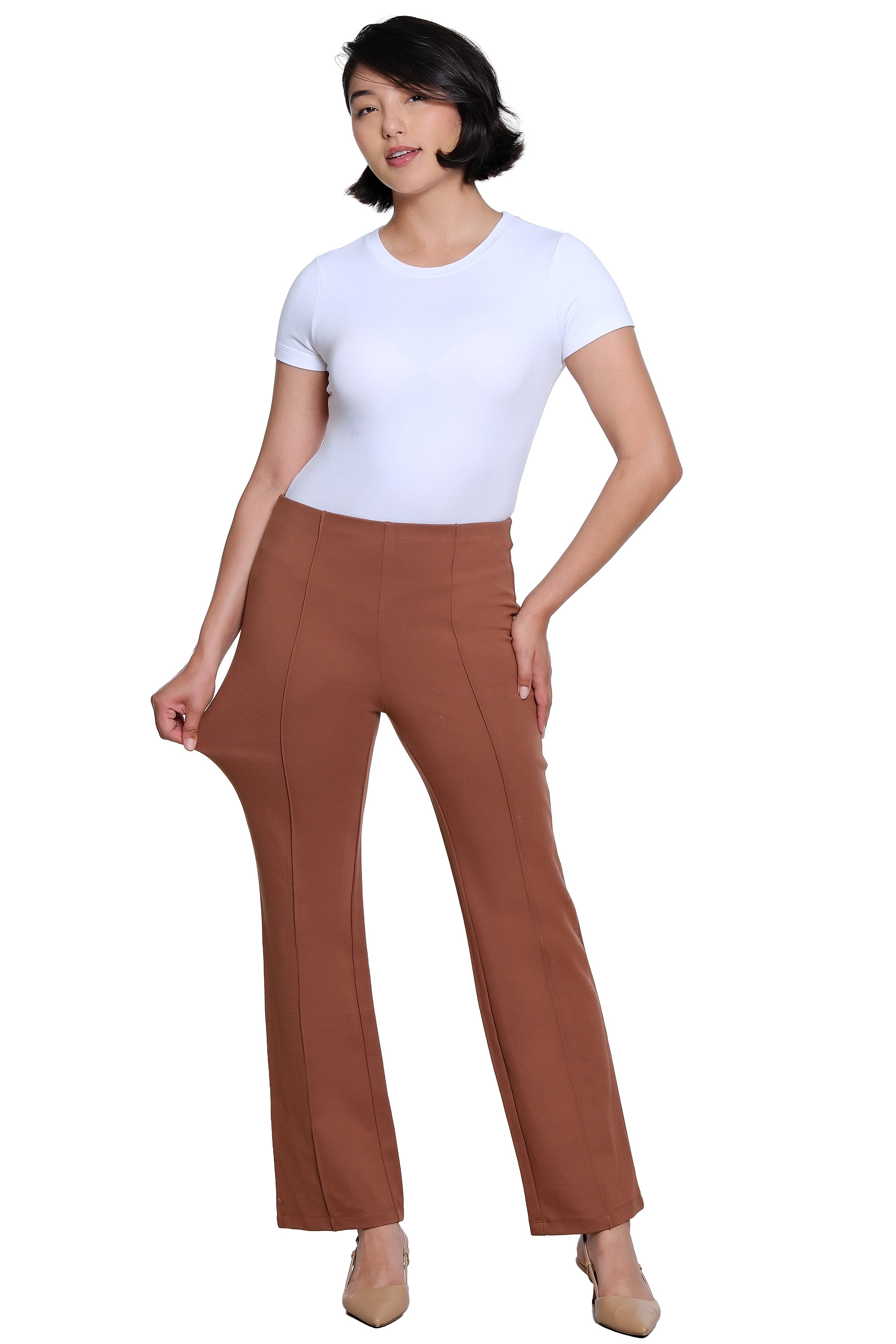 Elastic No Waist Pintuck Flare Leg Knit Ankle Pant - Cocoa