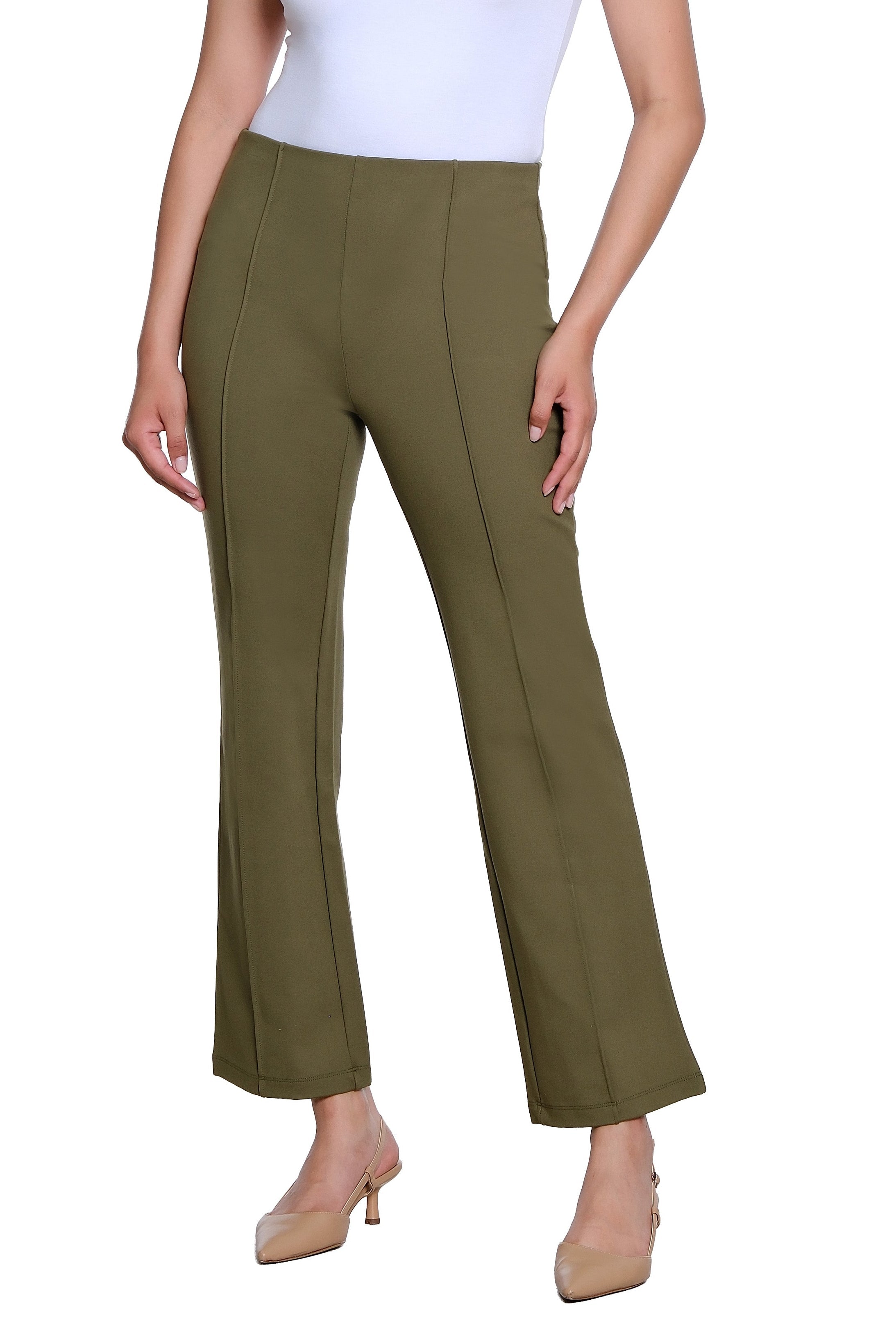 Elastic No Waist Pintuck Flare Leg Knit Ankle Pant - Olive