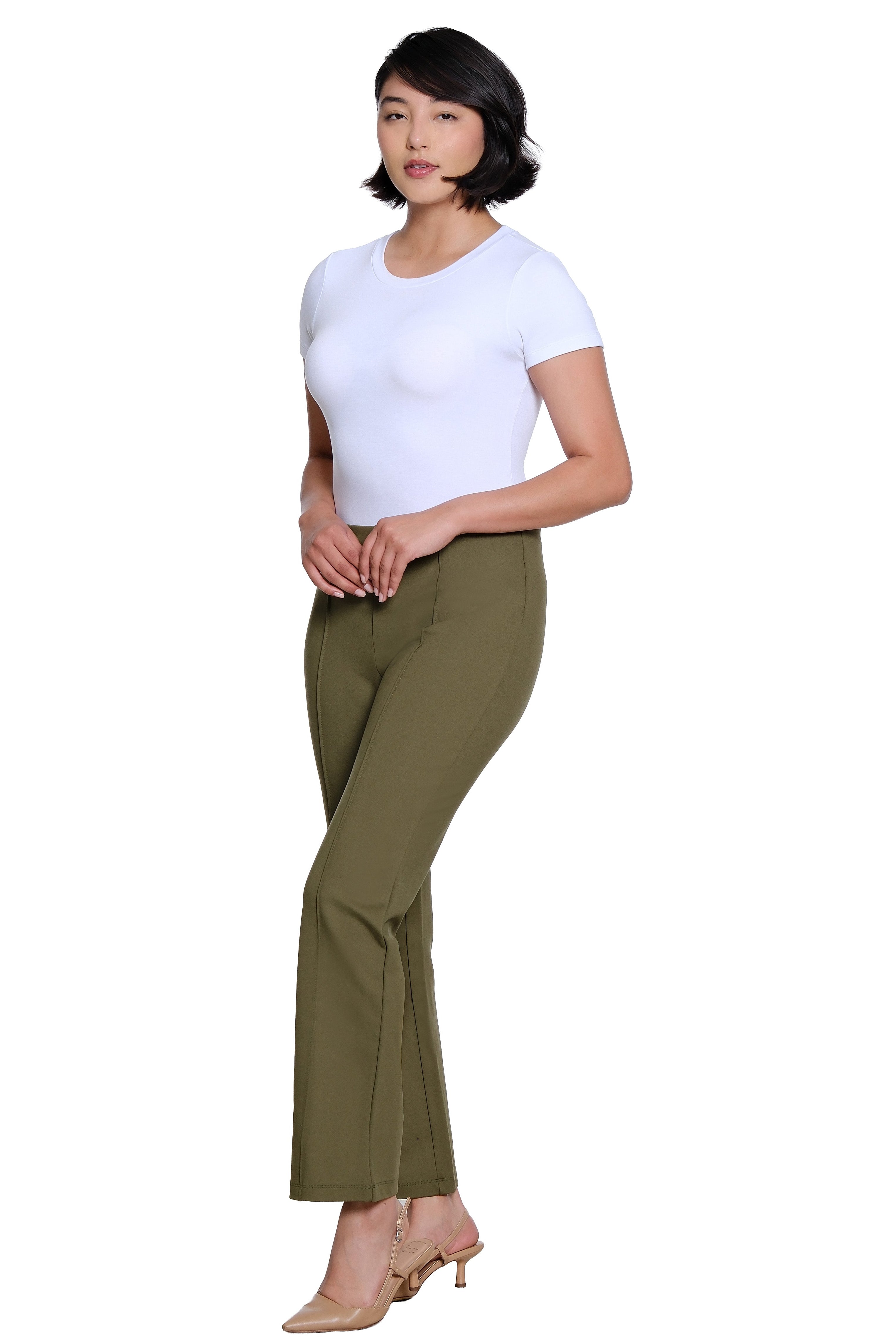 Elastic No Waist Pintuck Flare Leg Knit Ankle Pant - Olive
