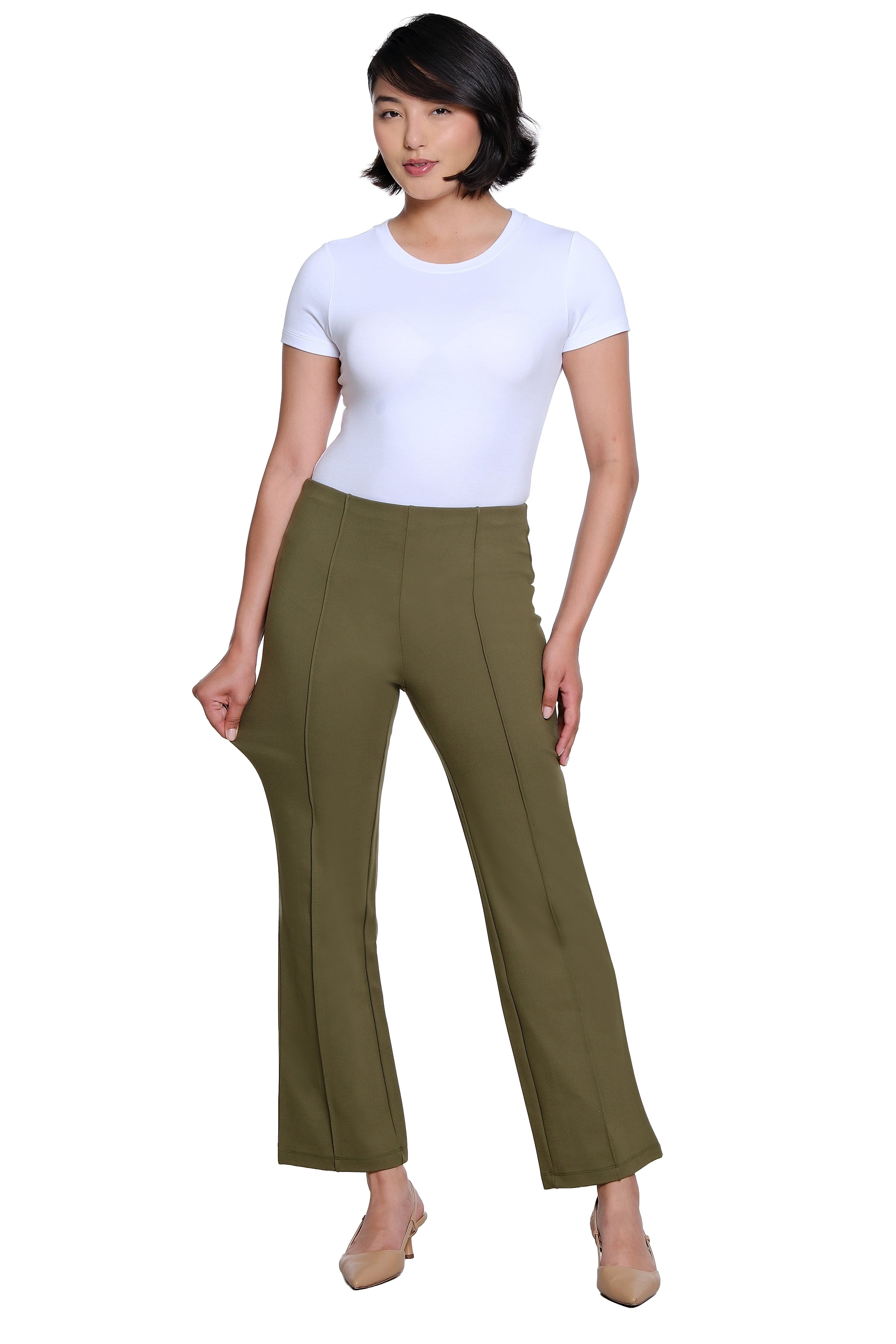 Elastic No Waist Pintuck Flare Leg Knit Ankle Pant - Olive
