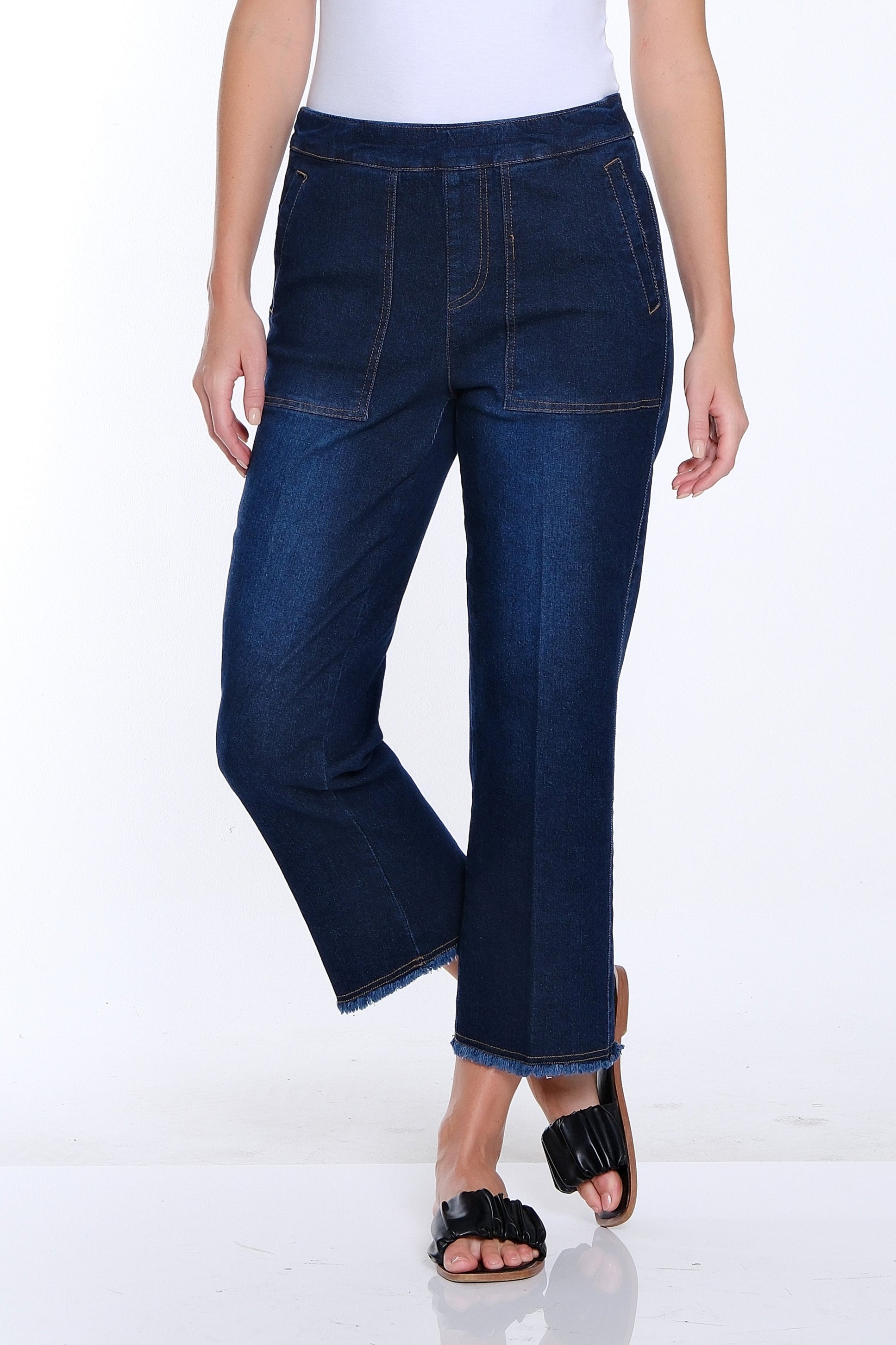 Wide Leg Crop Denim Jean with Fringe Hem Midnight Indigo