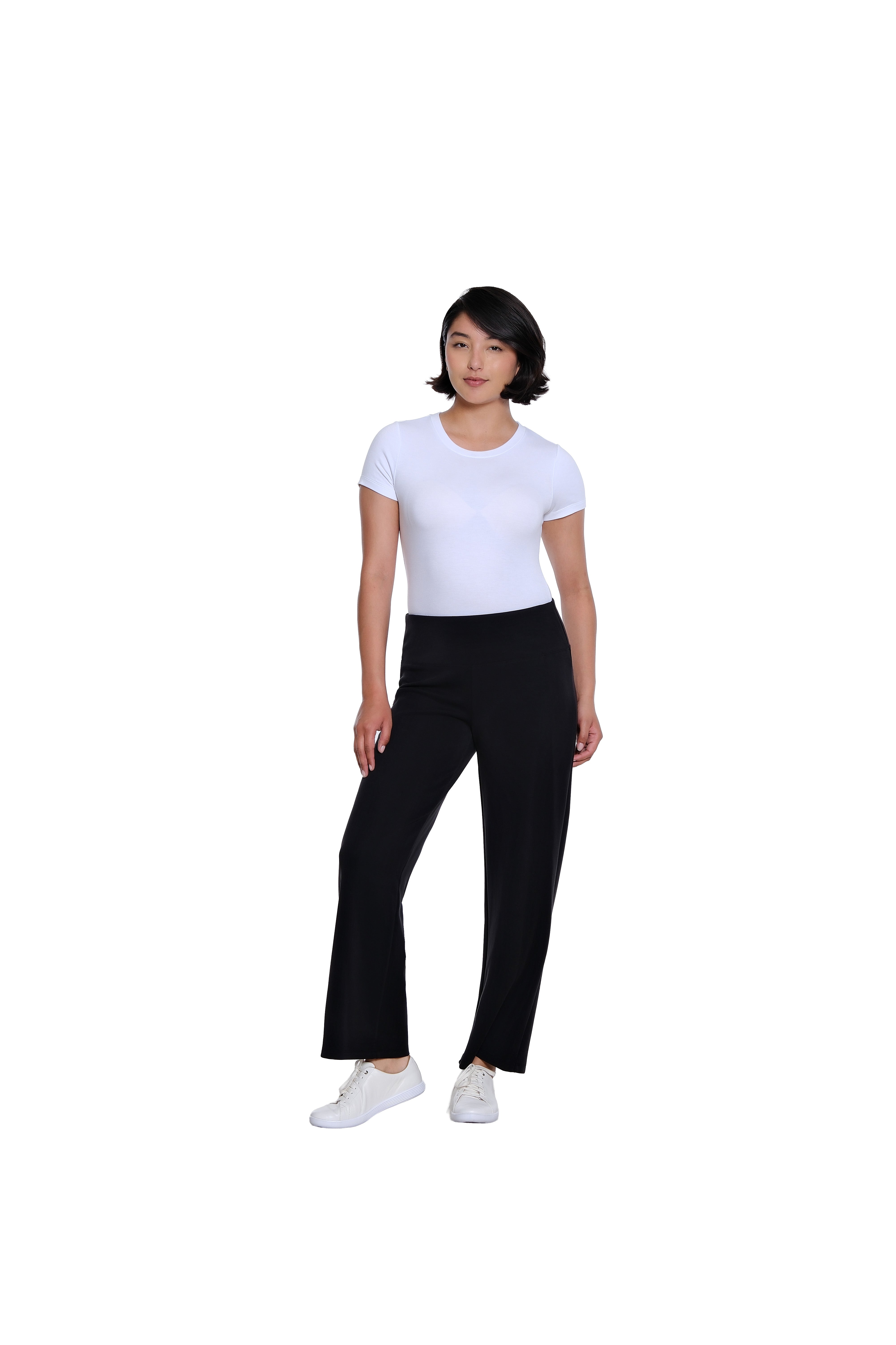 Wide Band Pull On Wide Leg Knit Ankle Pant - Black