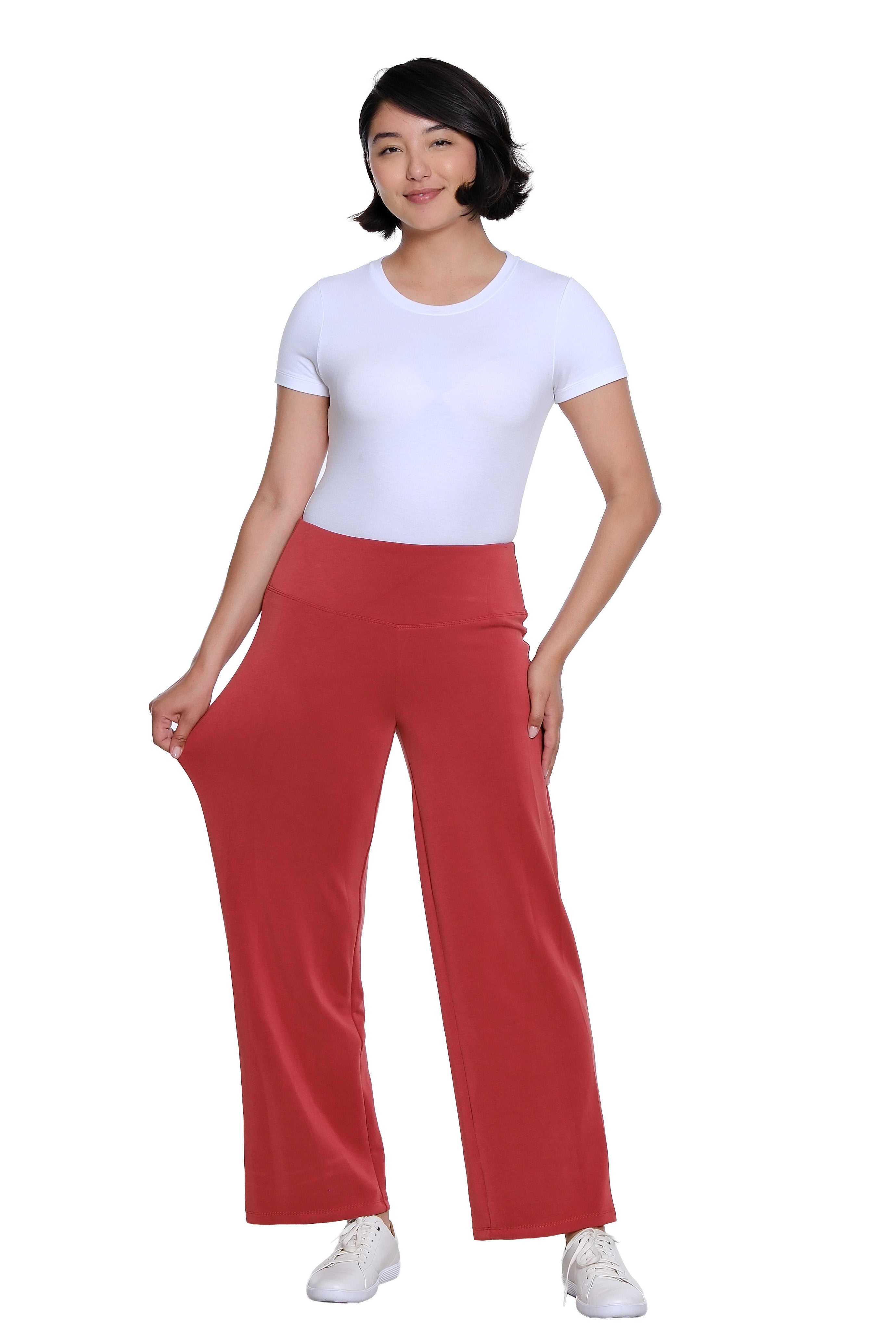 Wide Band Pull On Wide Leg Knit Ankle Pant - Plus - Brick