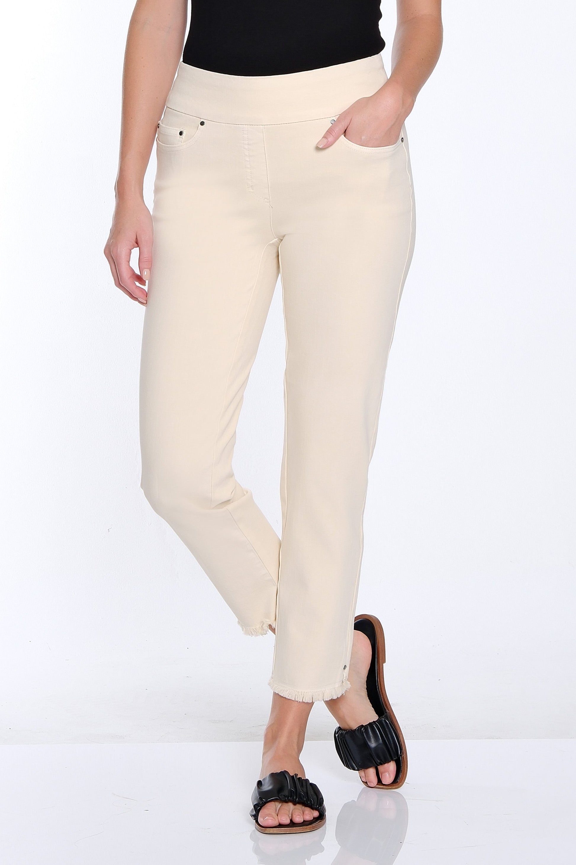 Denim Ankle Jean with Fringe Hem - Parchment