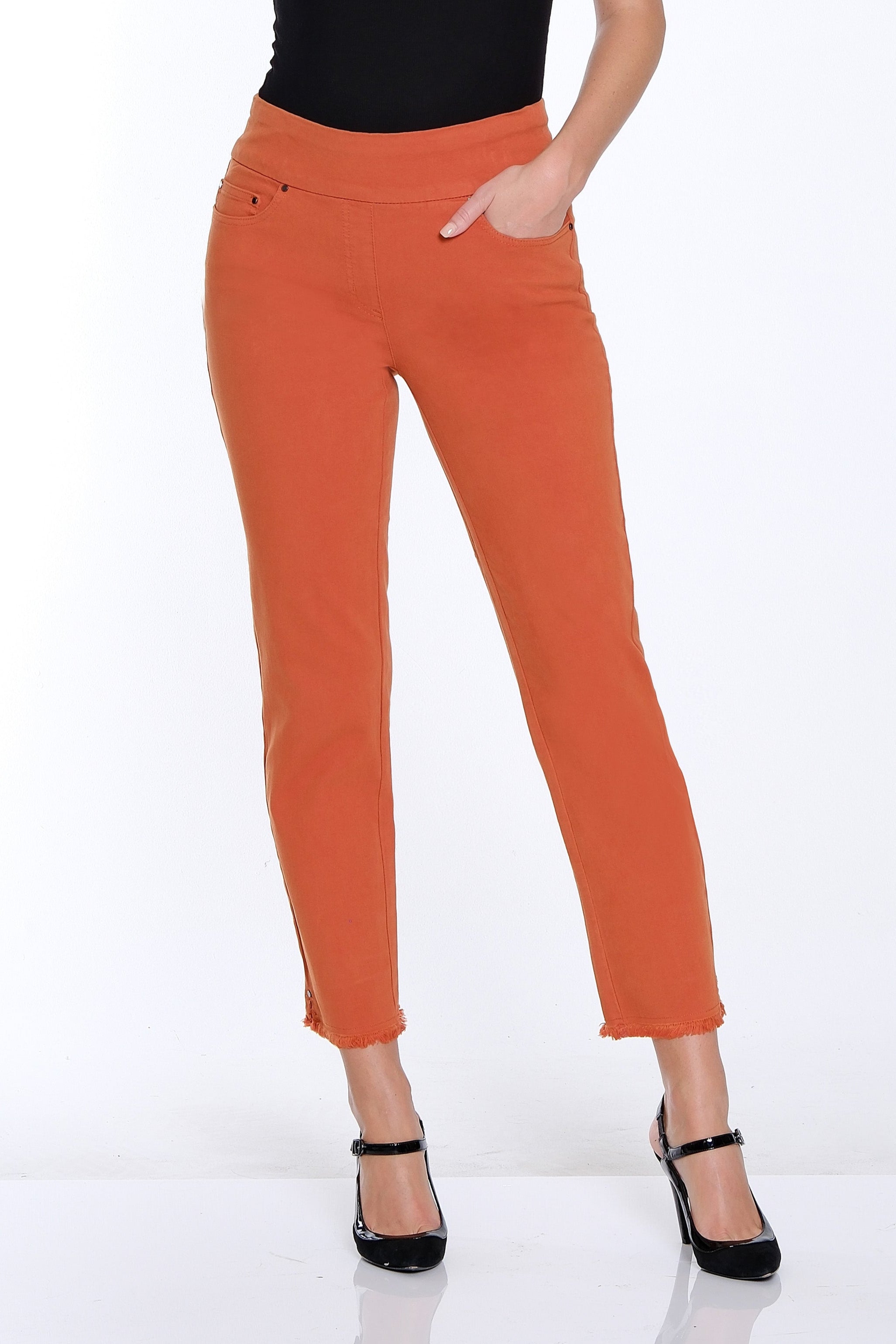 Denim Ankle Jean with Fringe Hem - Spice