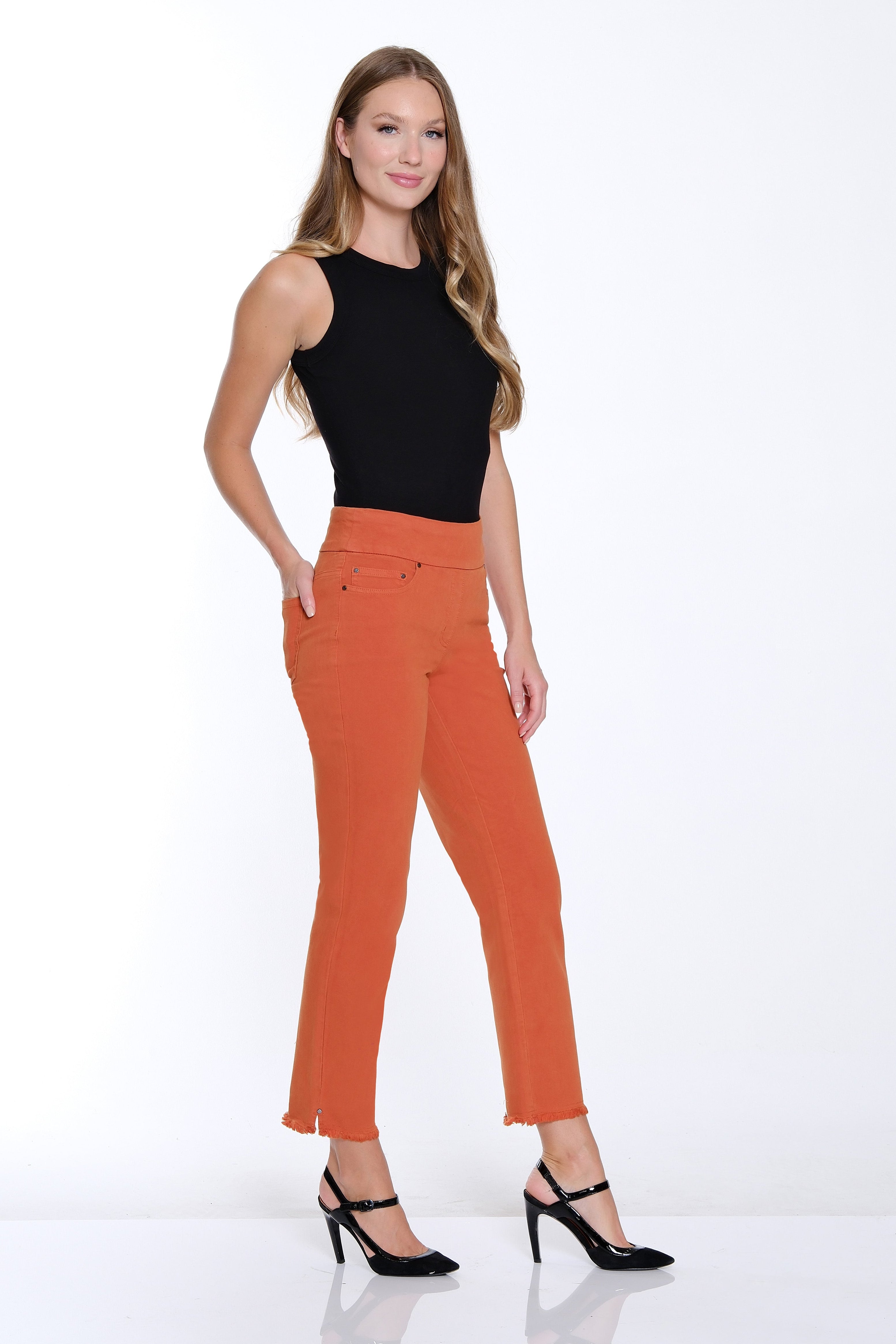 Denim Ankle Jean with Fringe Hem - Spice