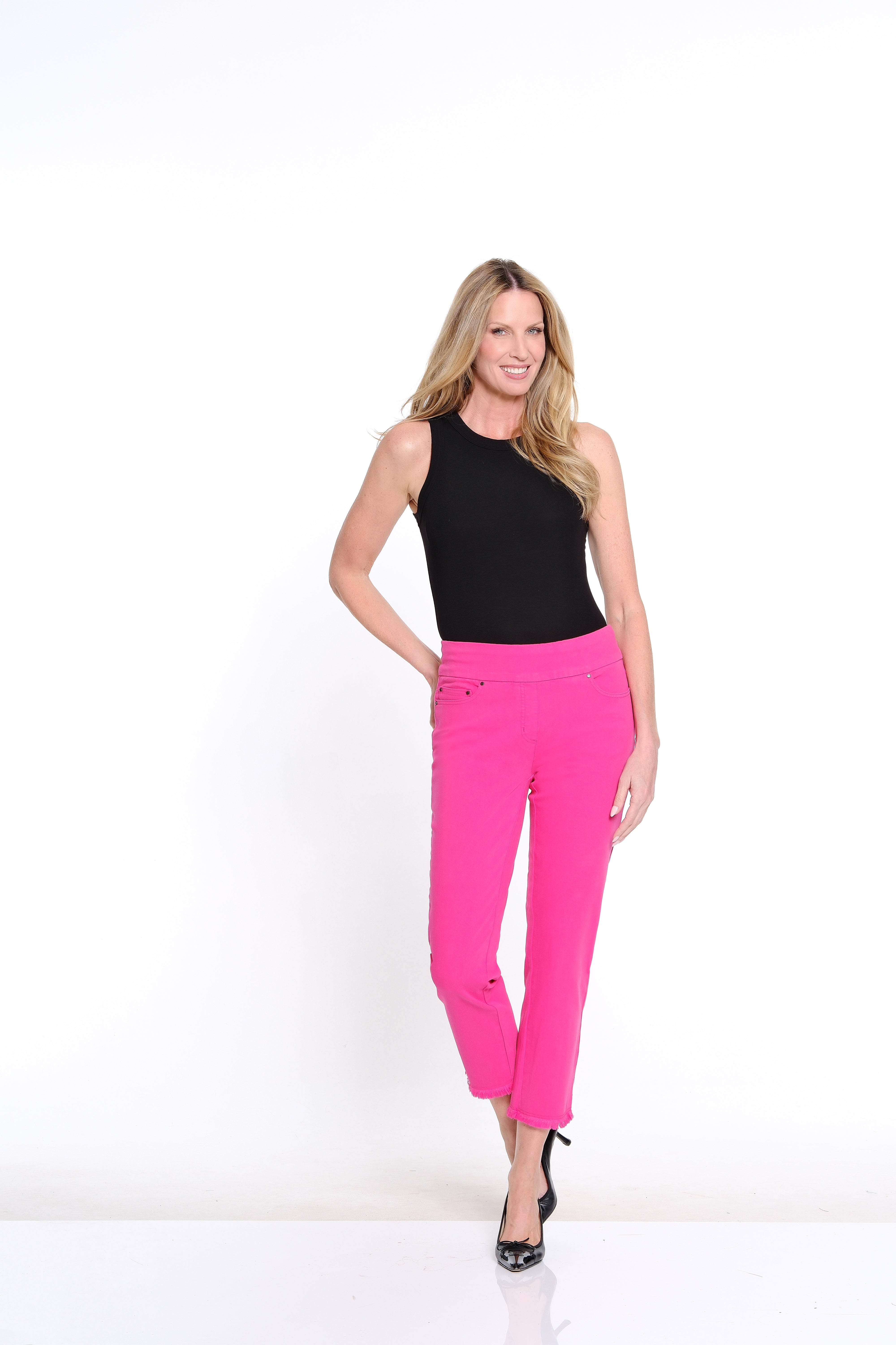 Denim Ankle Jean with Fringe Hem - Petite - Candy Pink