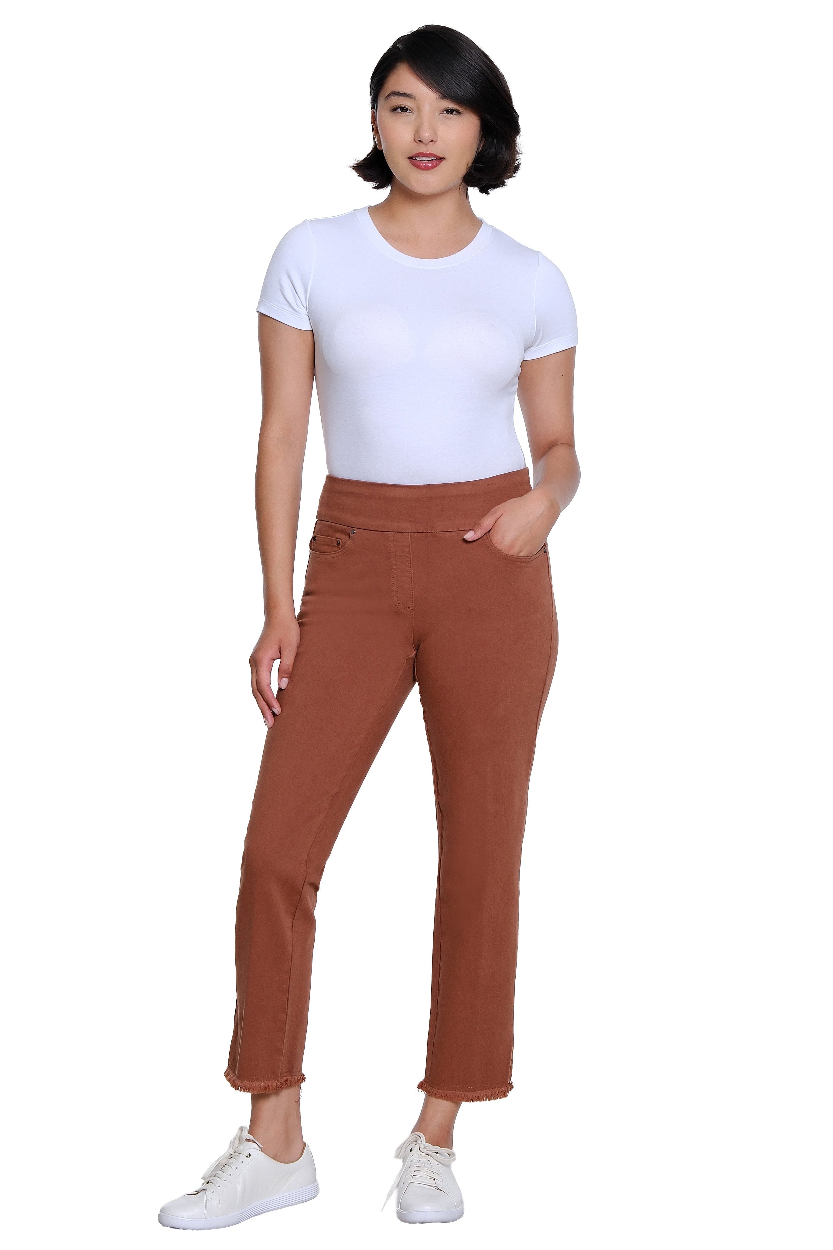 Pull On 5-Pocket Fringe Hem Woven Ankle Pant - Cocoa