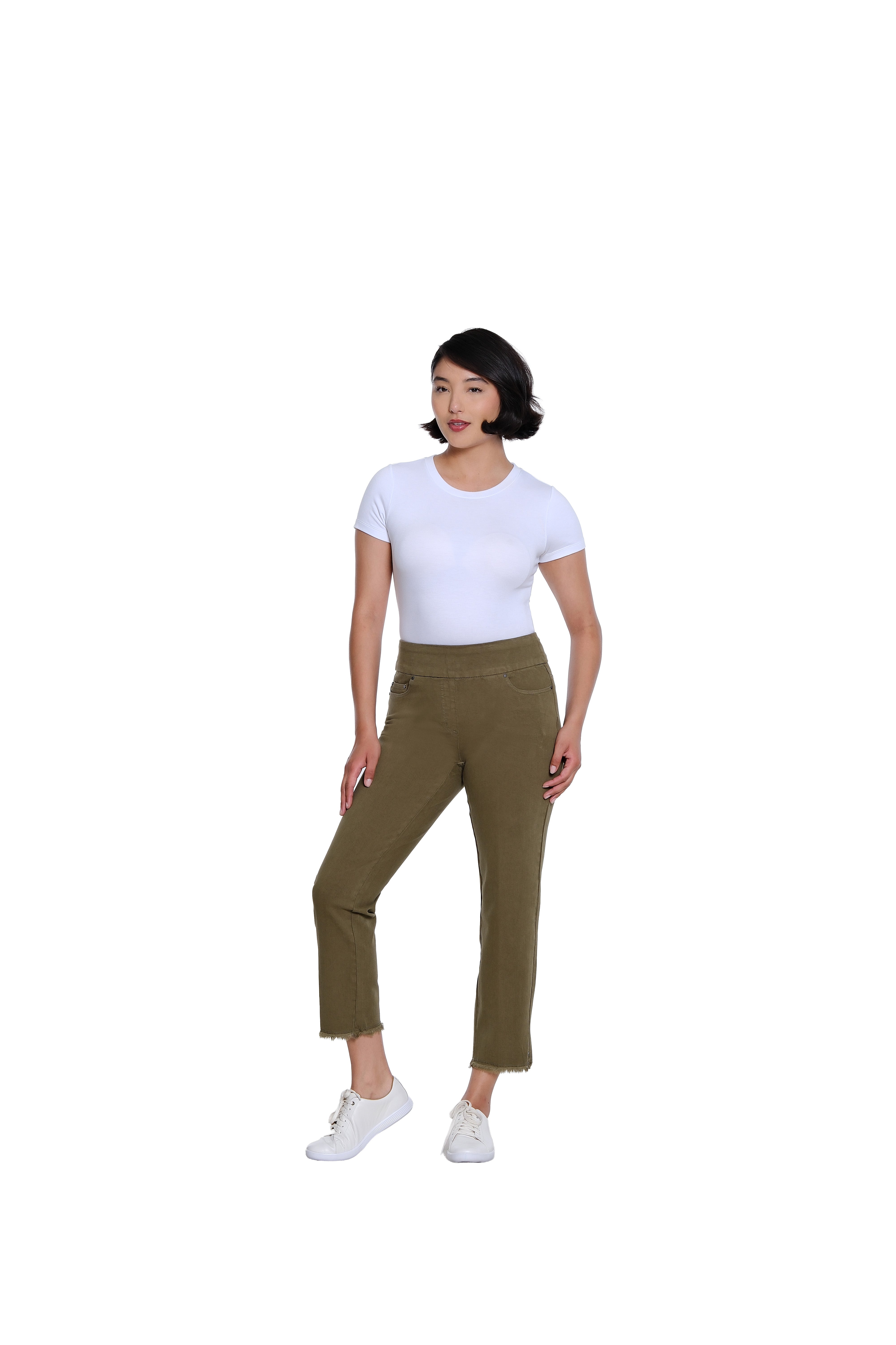 Pull On 5-Pocket Fringe Hem Woven Ankle Pant - Olive