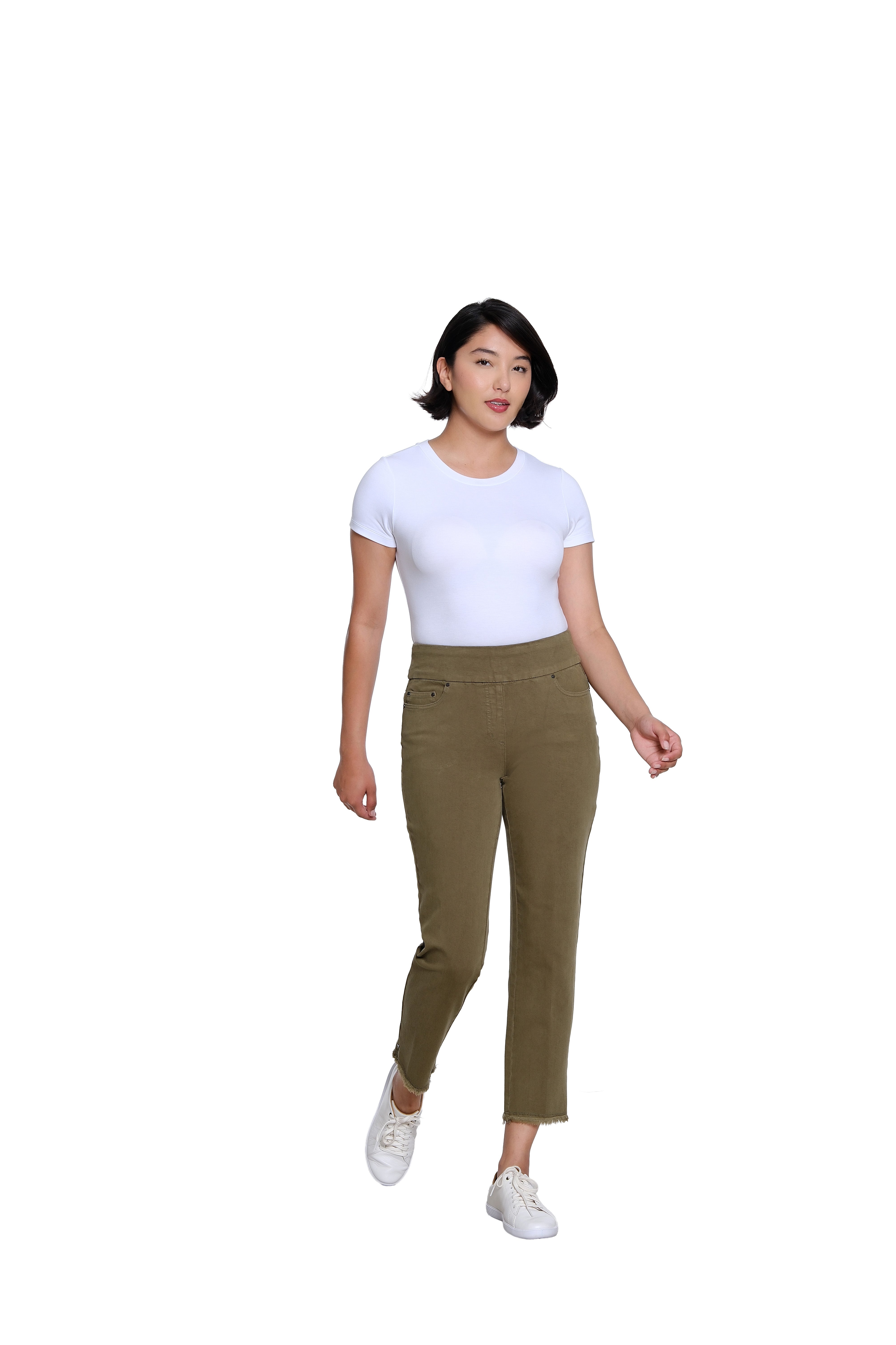 Pull On 5-Pocket Fringe Hem Woven Ankle Pant - Olive