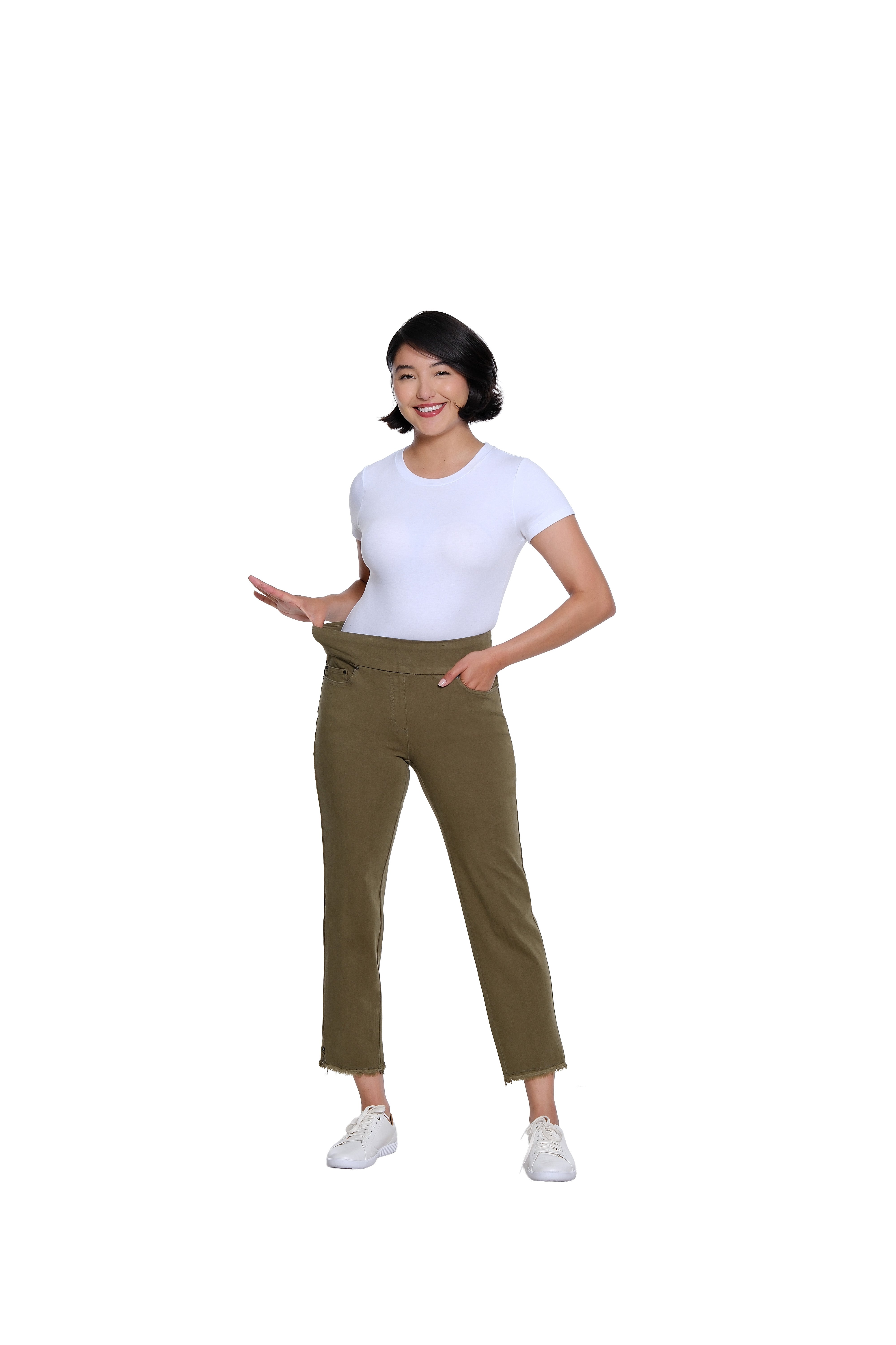 Pull On 5-Pocket Fringe Hem Woven Ankle Pant - Olive