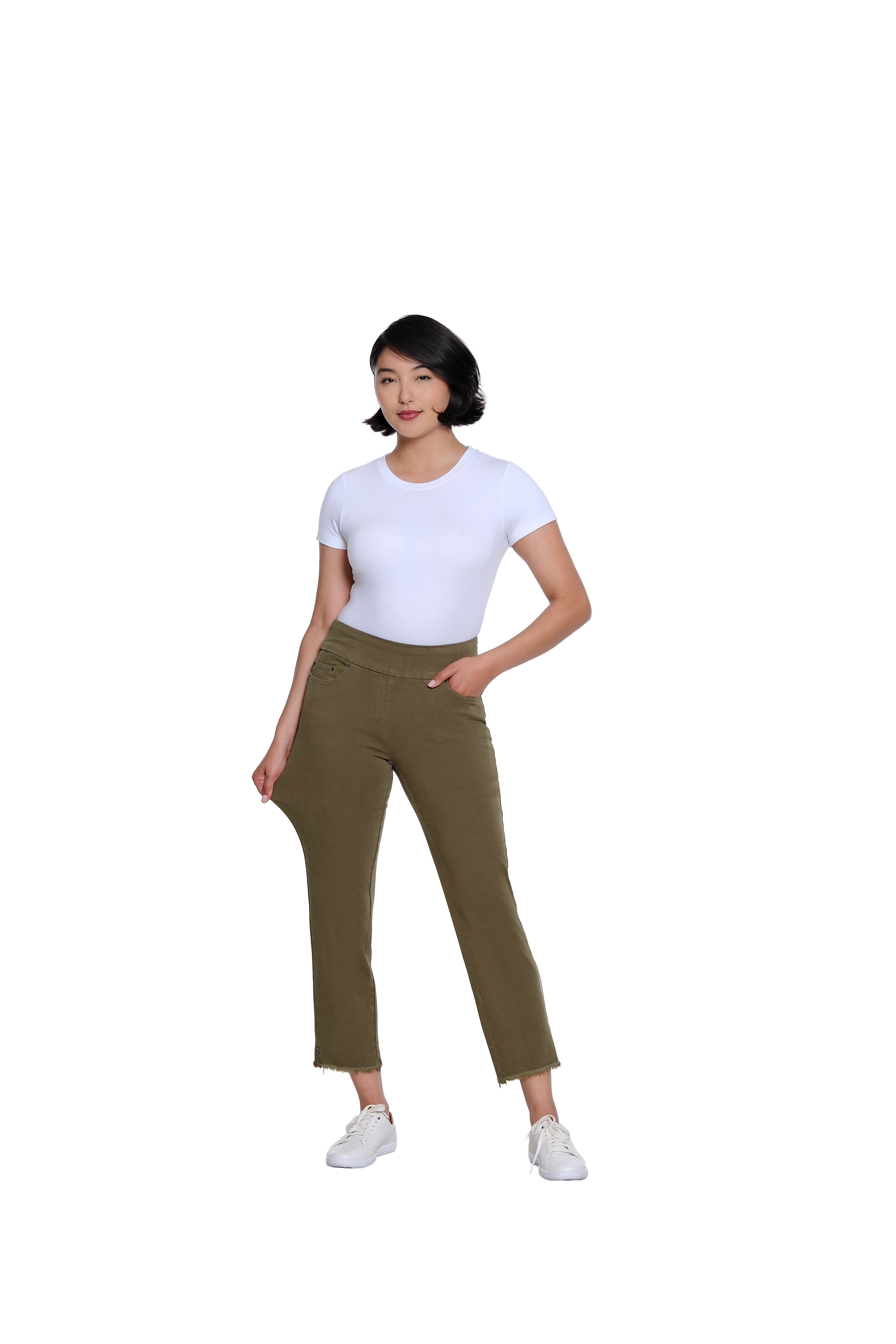 Pull On 5-Pocket Fringe Hem Woven Ankle Pant - Olive