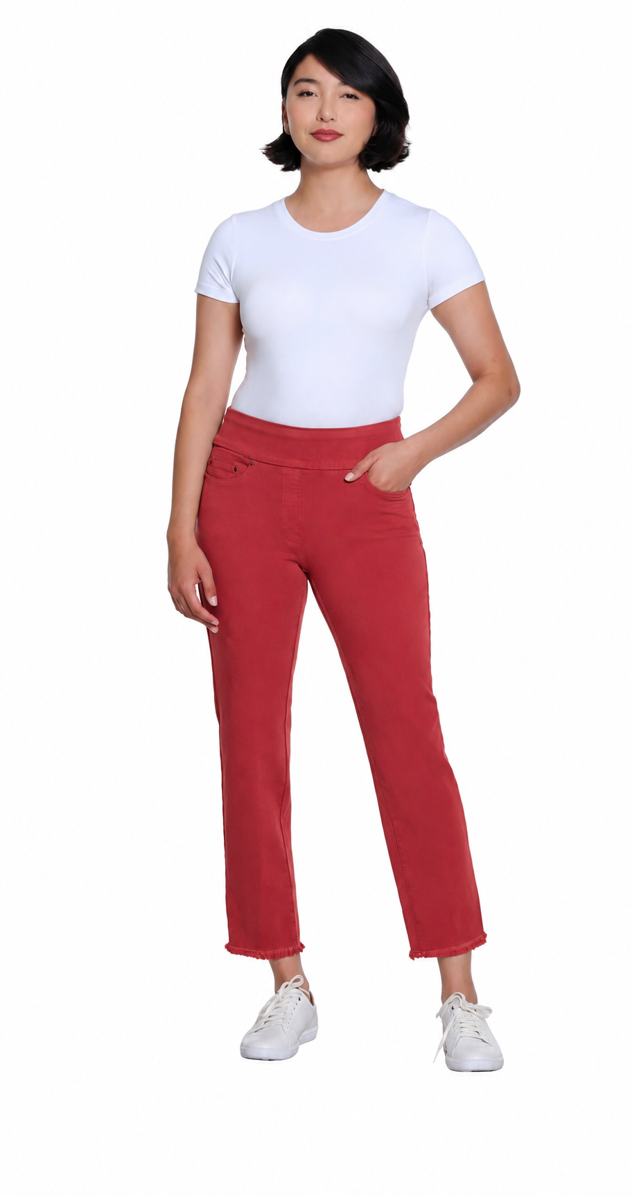 Pull On 5-Pocket Fringe Hem Woven Ankle Pant - Brick