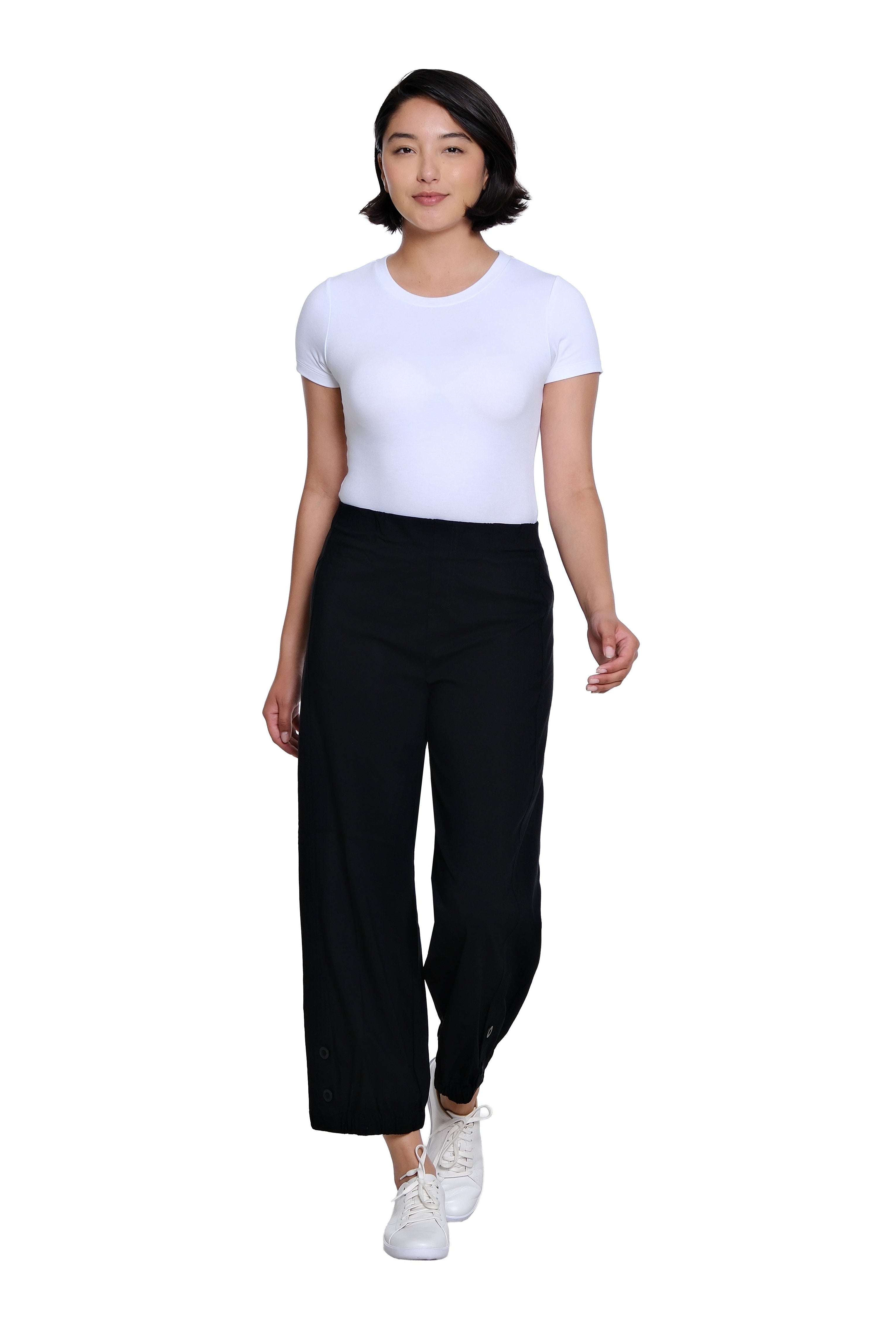 Elastic Waist Faux Button Vent Elastic Hem Wide Leg Woven Crop Pant - Black