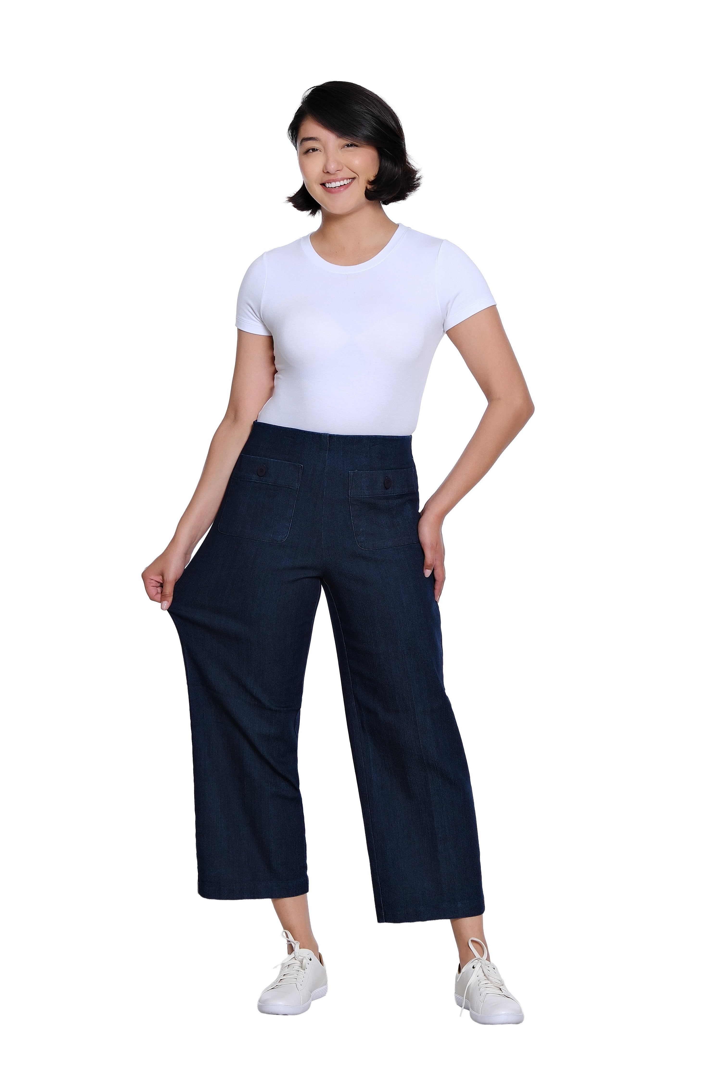 Elastic No Waist Front Patch Pocket Pull On Wide Leg Woven Crop Pant - Denim