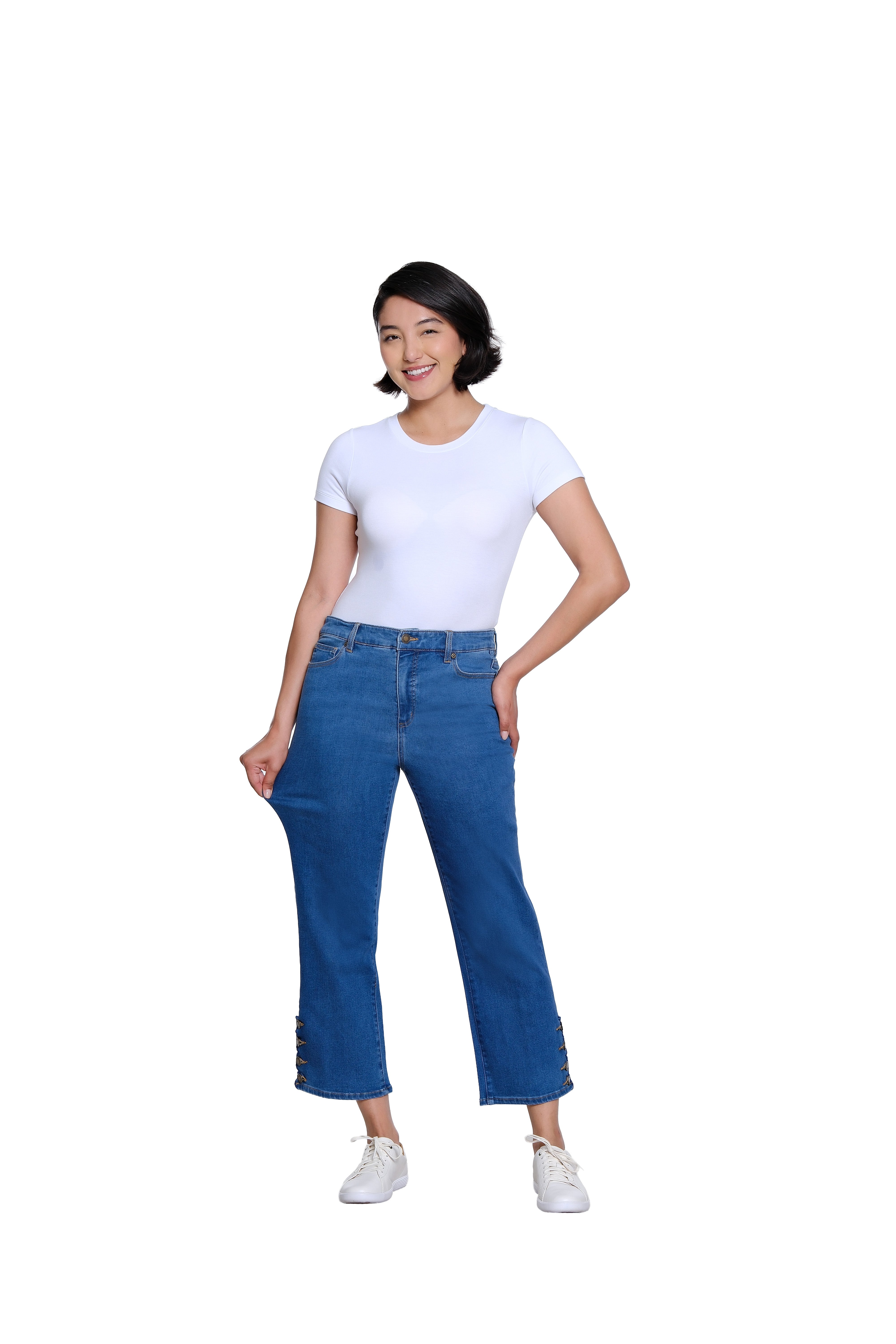 Zip and Button Front 5-Pocket Scallop Hem Vent Woven Crop Pant - Medium Indigo
