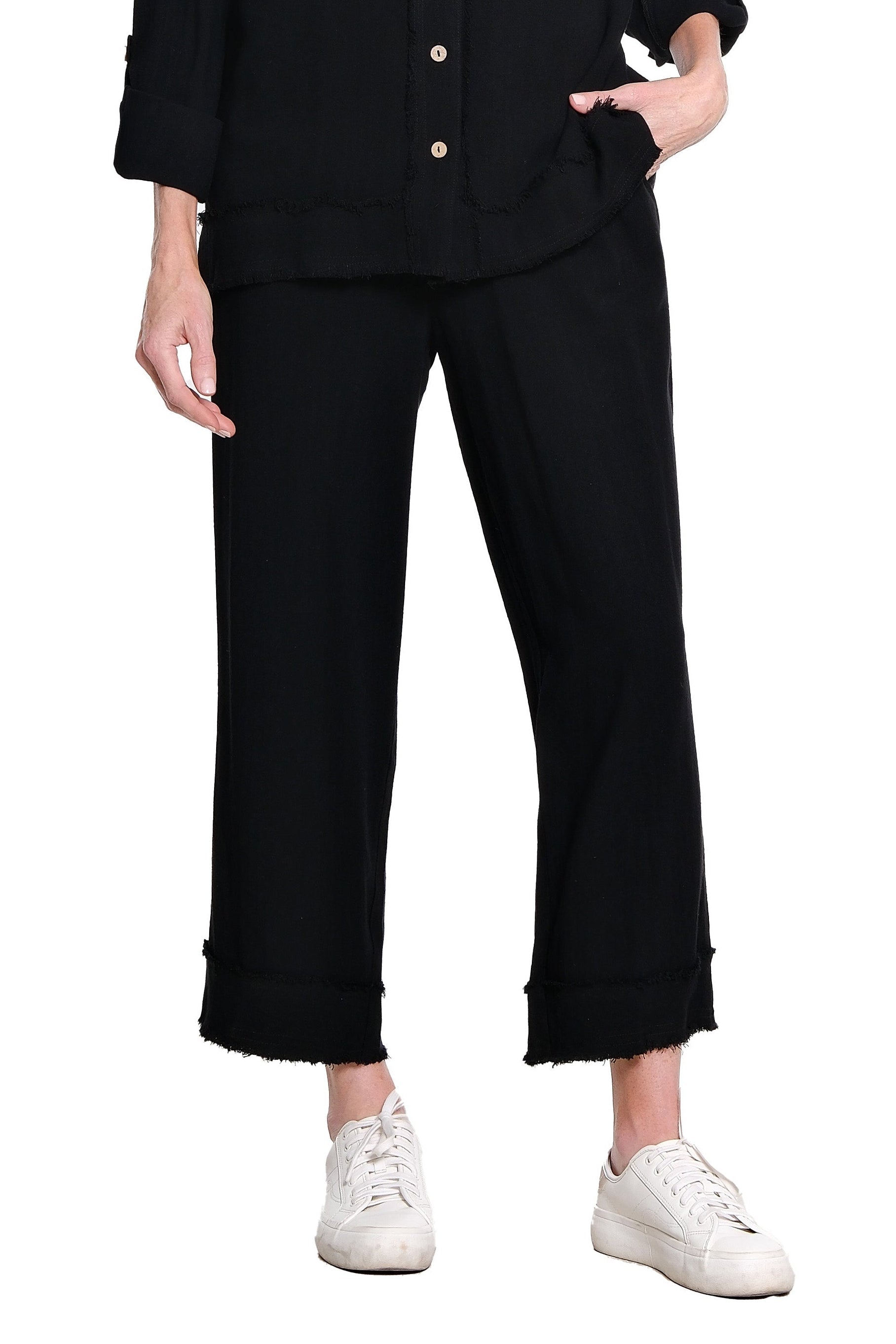 Drawstring Elastic Waist Pull On Woven Crop Pant with Fringe Hem Trim - Black