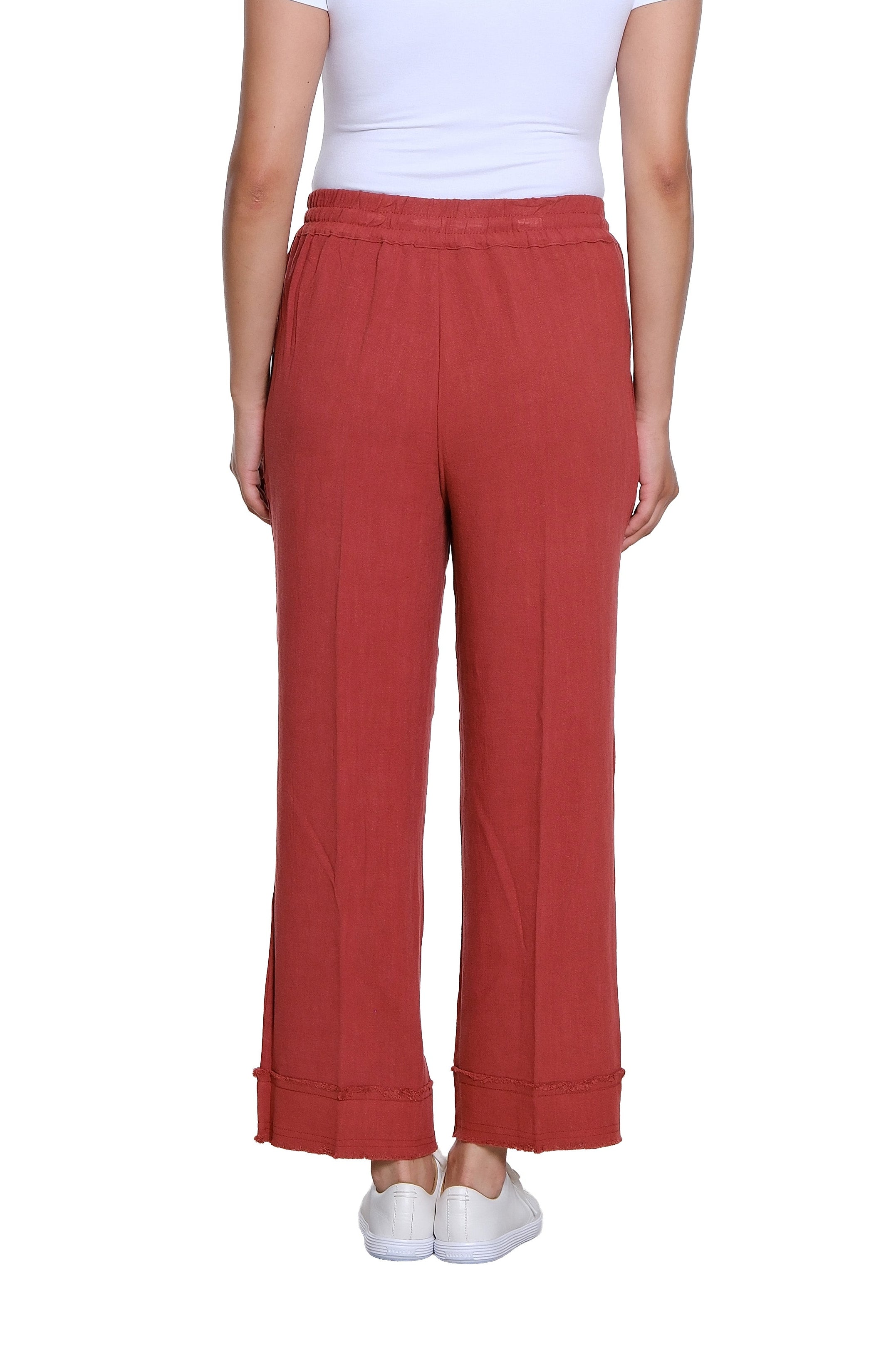 Drawstring Elastic Waist Pull On Woven Crop Pant with Fringe Hem Trim - Brick