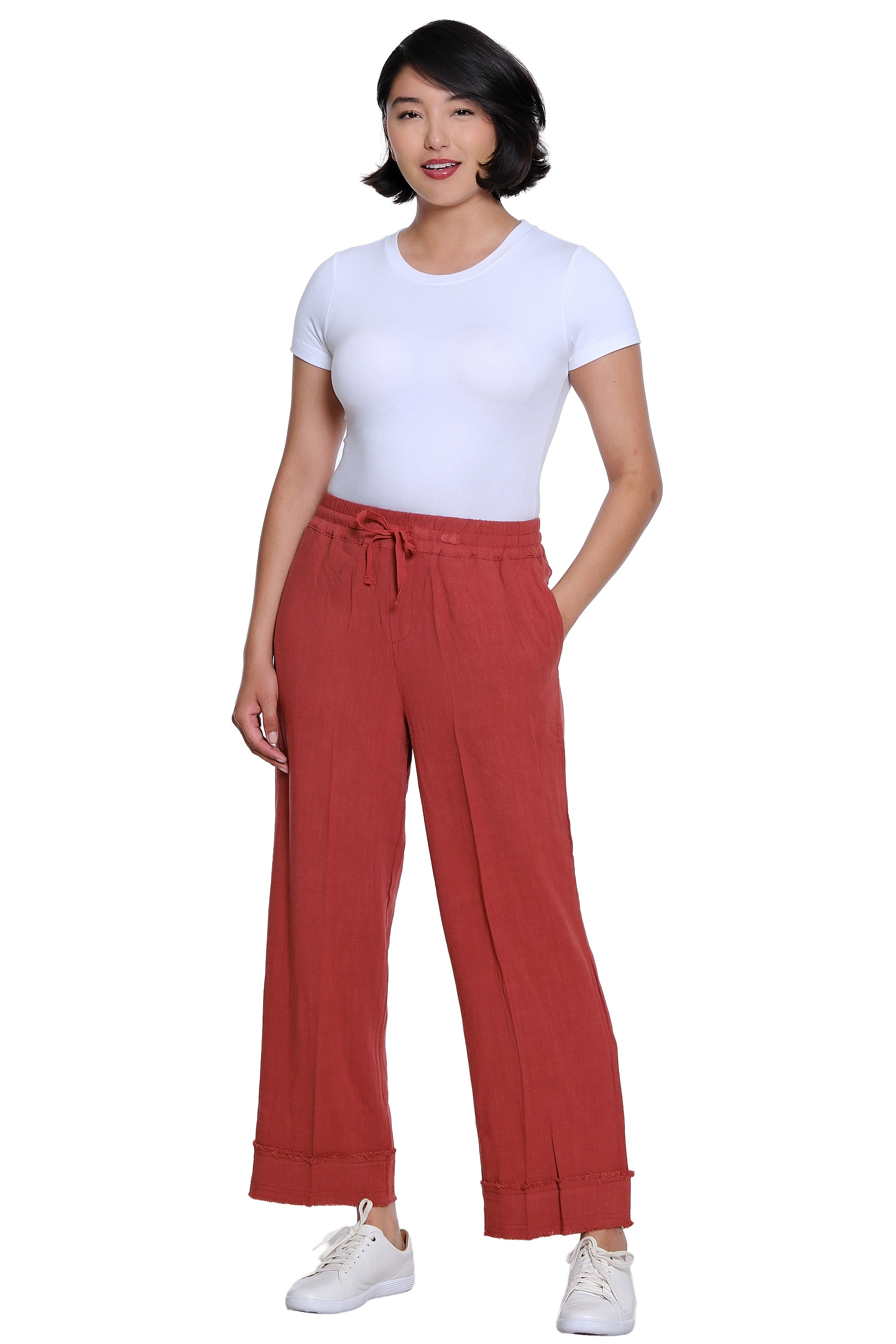 Drawstring Elastic Waist Pull On Woven Crop Pant with Fringe Hem Trim - Brick