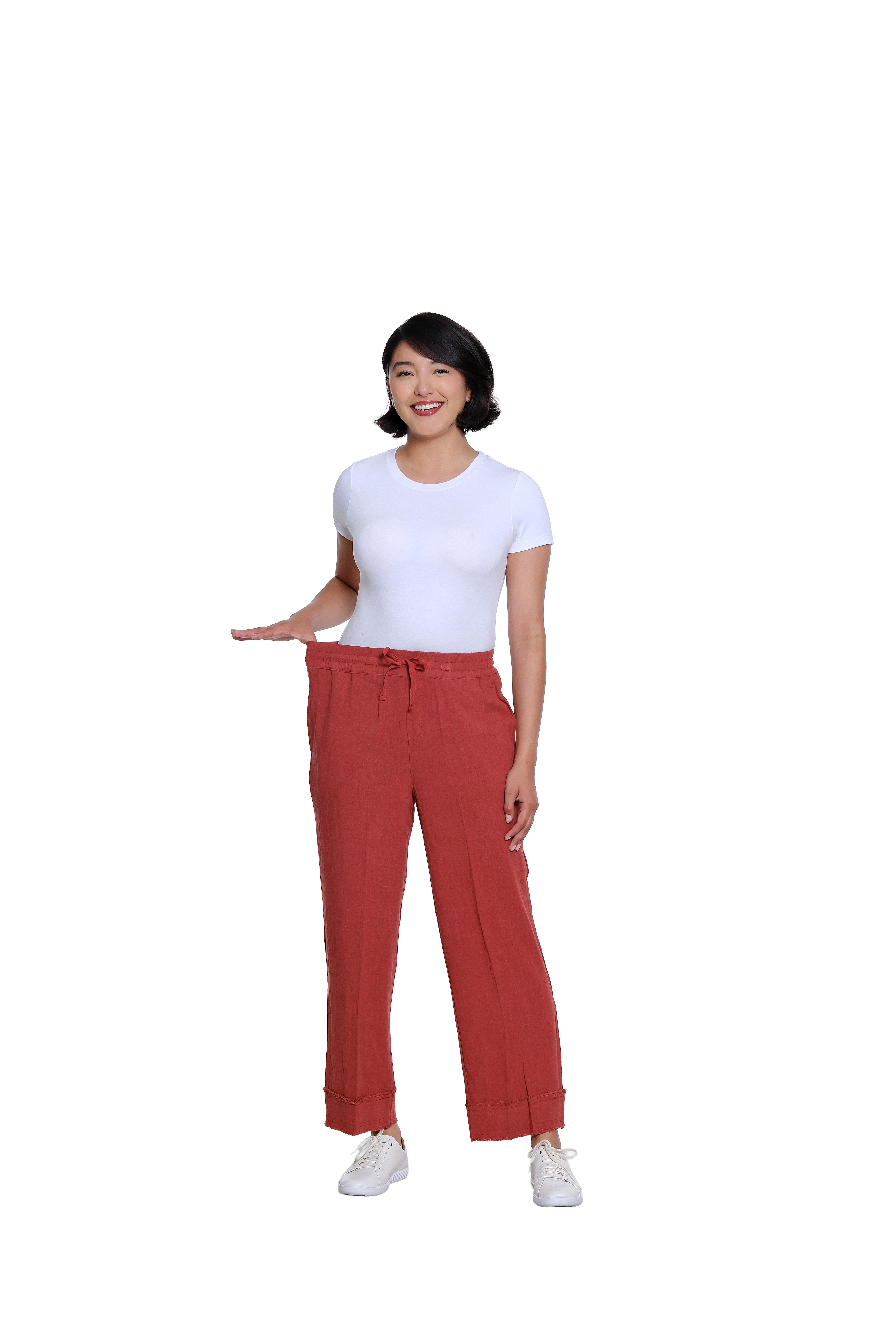 Drawstring Elastic Waist Pull On Woven Crop Pant with Fringe Hem Trim - Brick