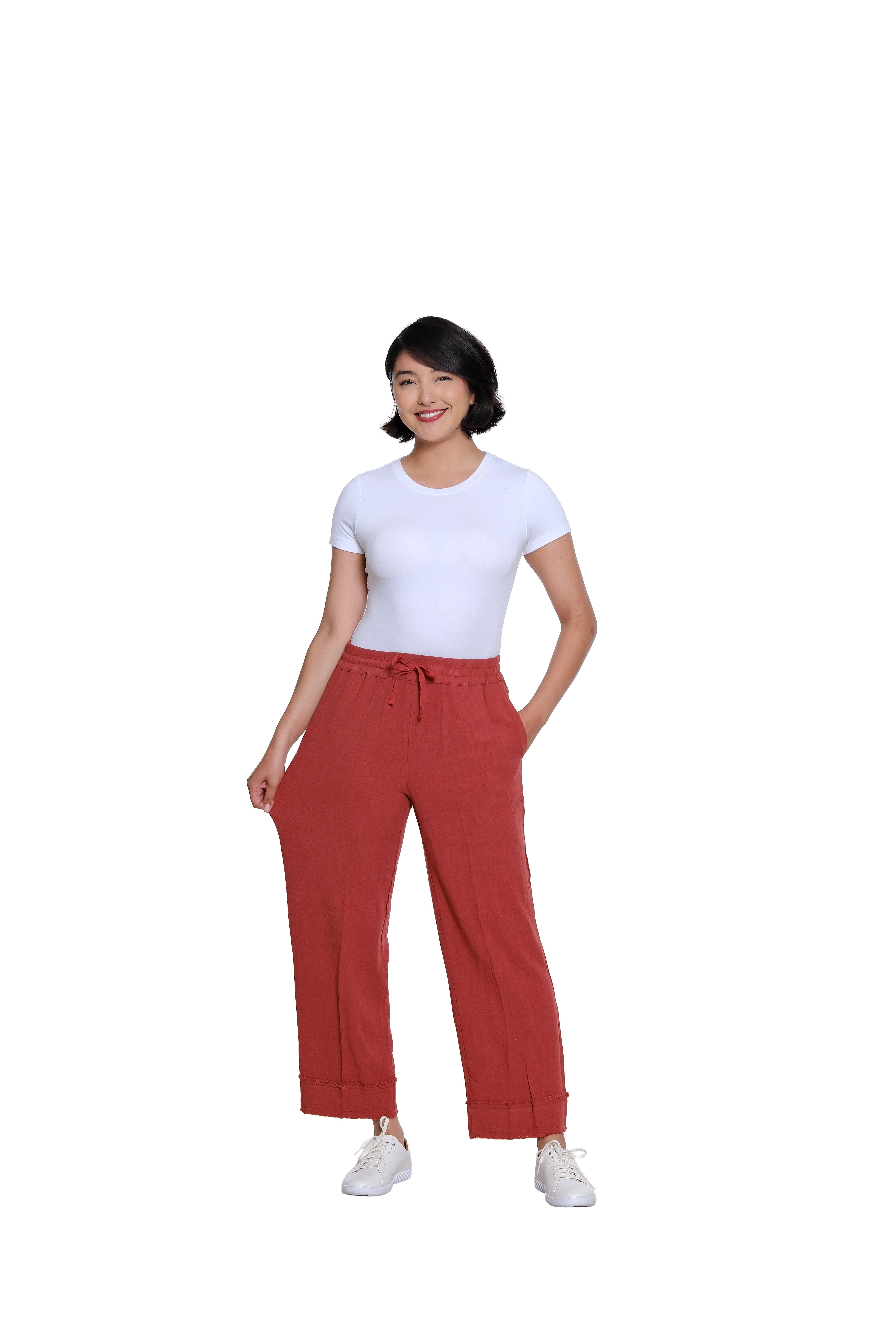 Drawstring Elastic Waist Pull On Woven Crop Pant with Fringe Hem Trim - Brick