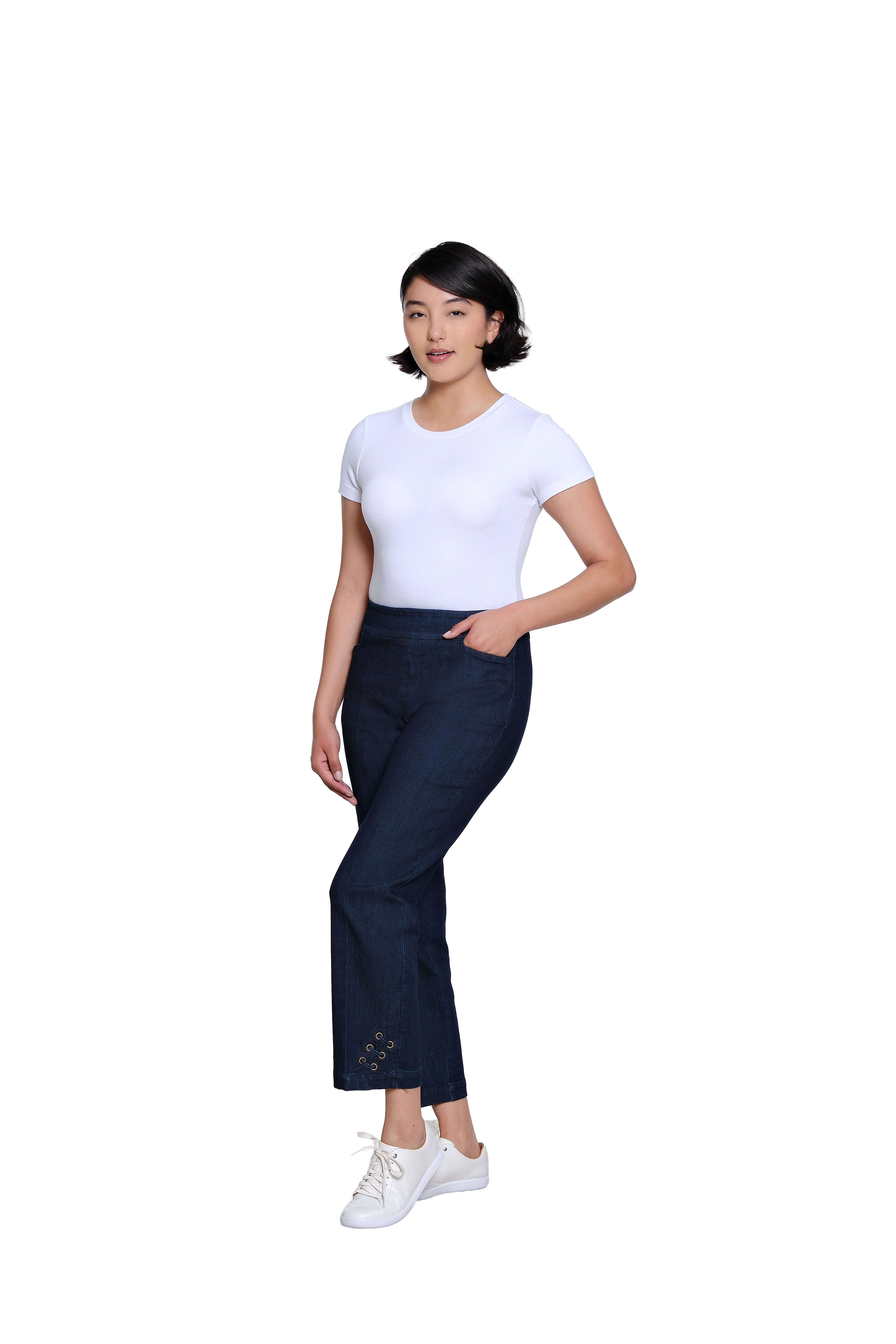 Pull On Woven Crop Pant with Real Front and Back Pockets and Slant Strap Vent - Denim