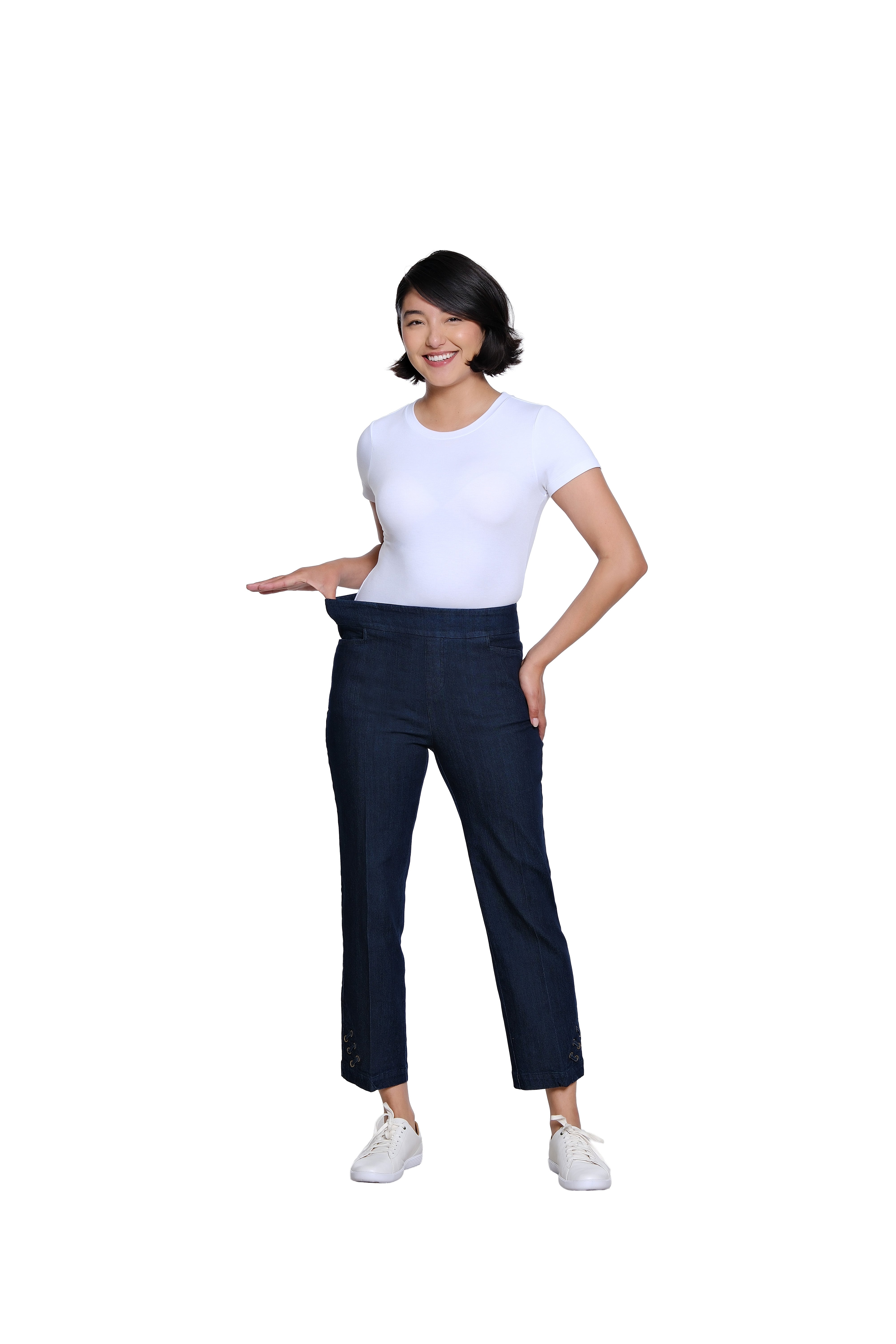 Pull On Woven Crop Pant with Real Front and Back Pockets and Slant Strap Vent - Denim