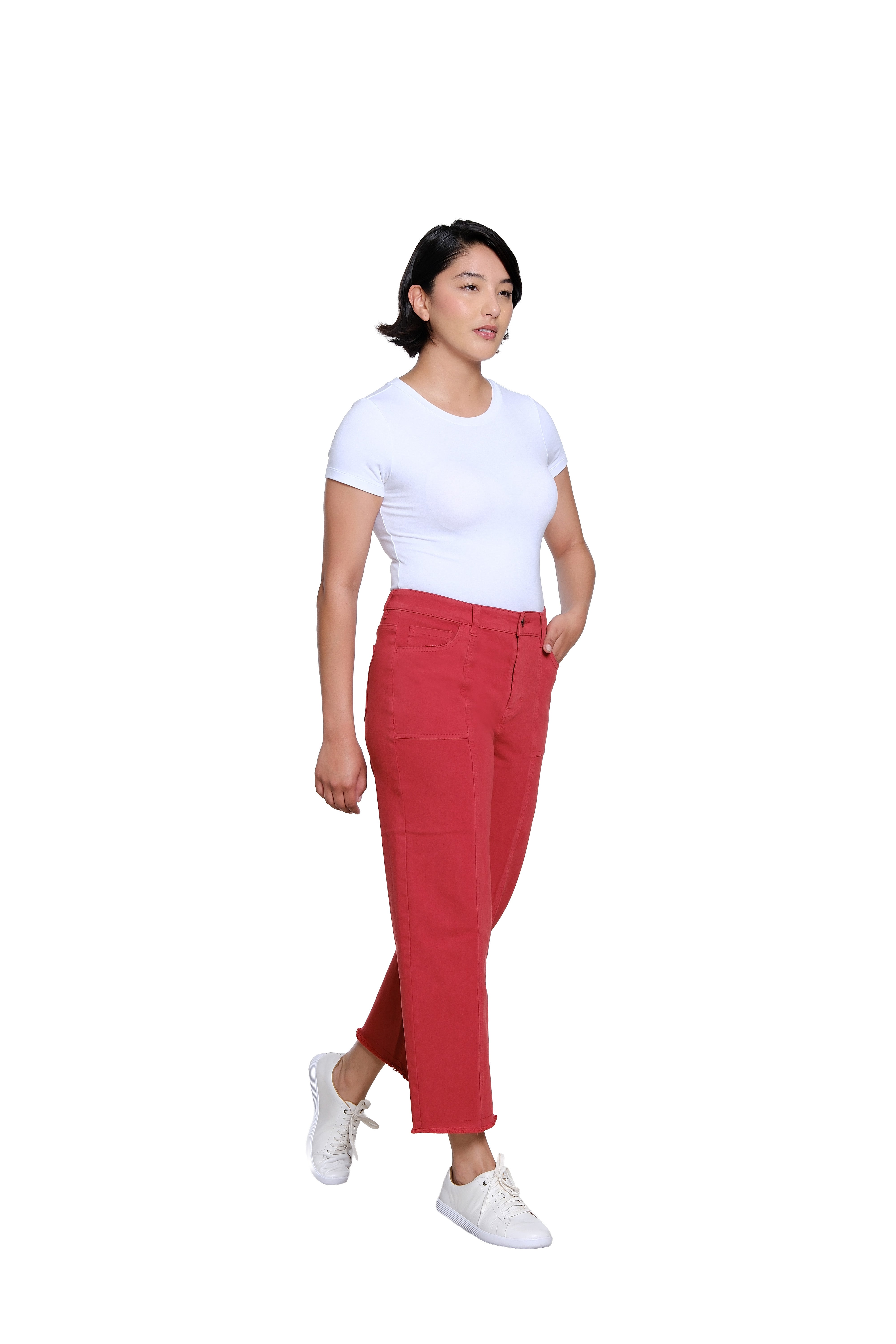 Zip/Button Front 5-Pocket Seamed Woven Crop Jean with Fringe Hem - Brick