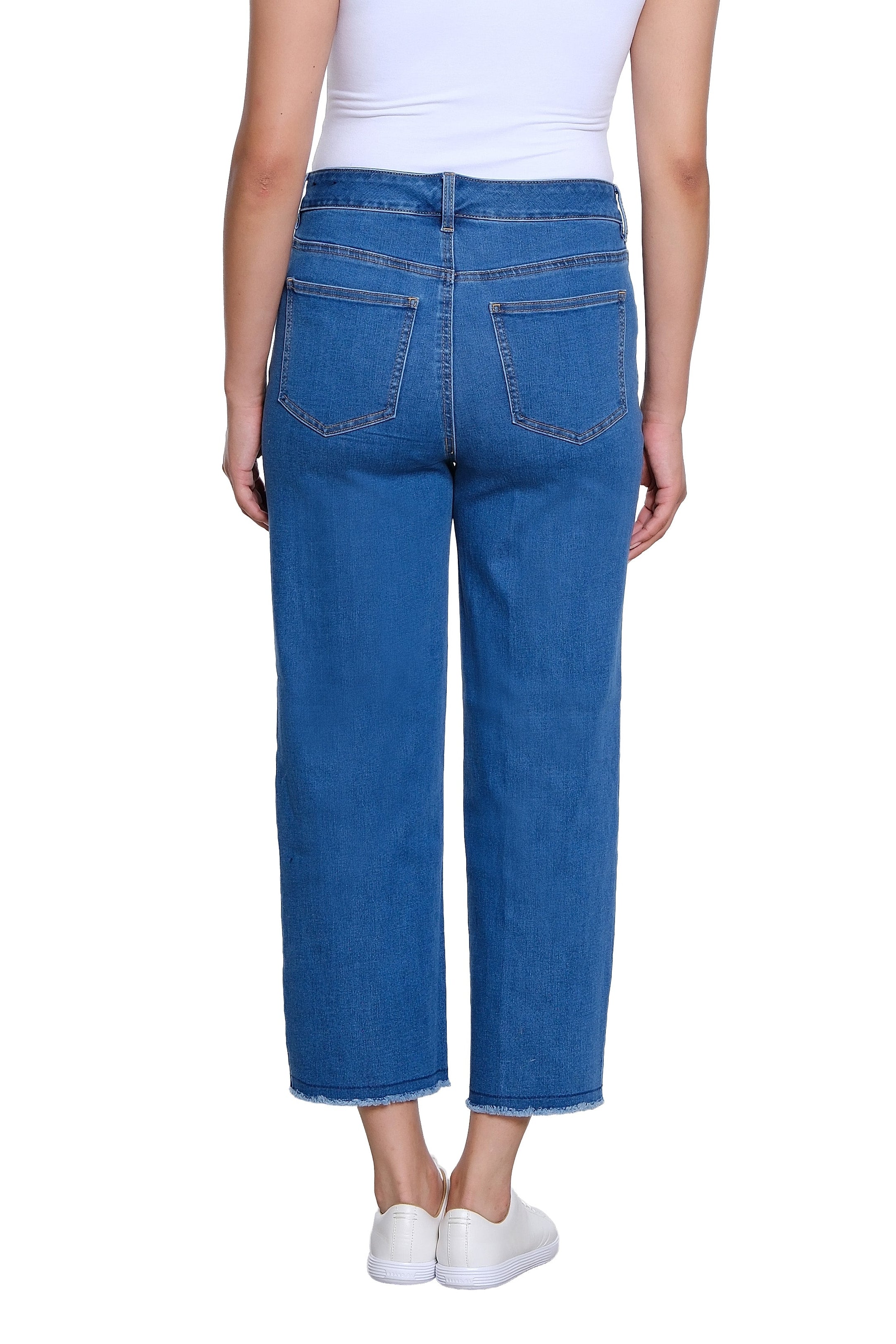 Woven Crop Jean with Front Fringe Seam - Medium Indigo