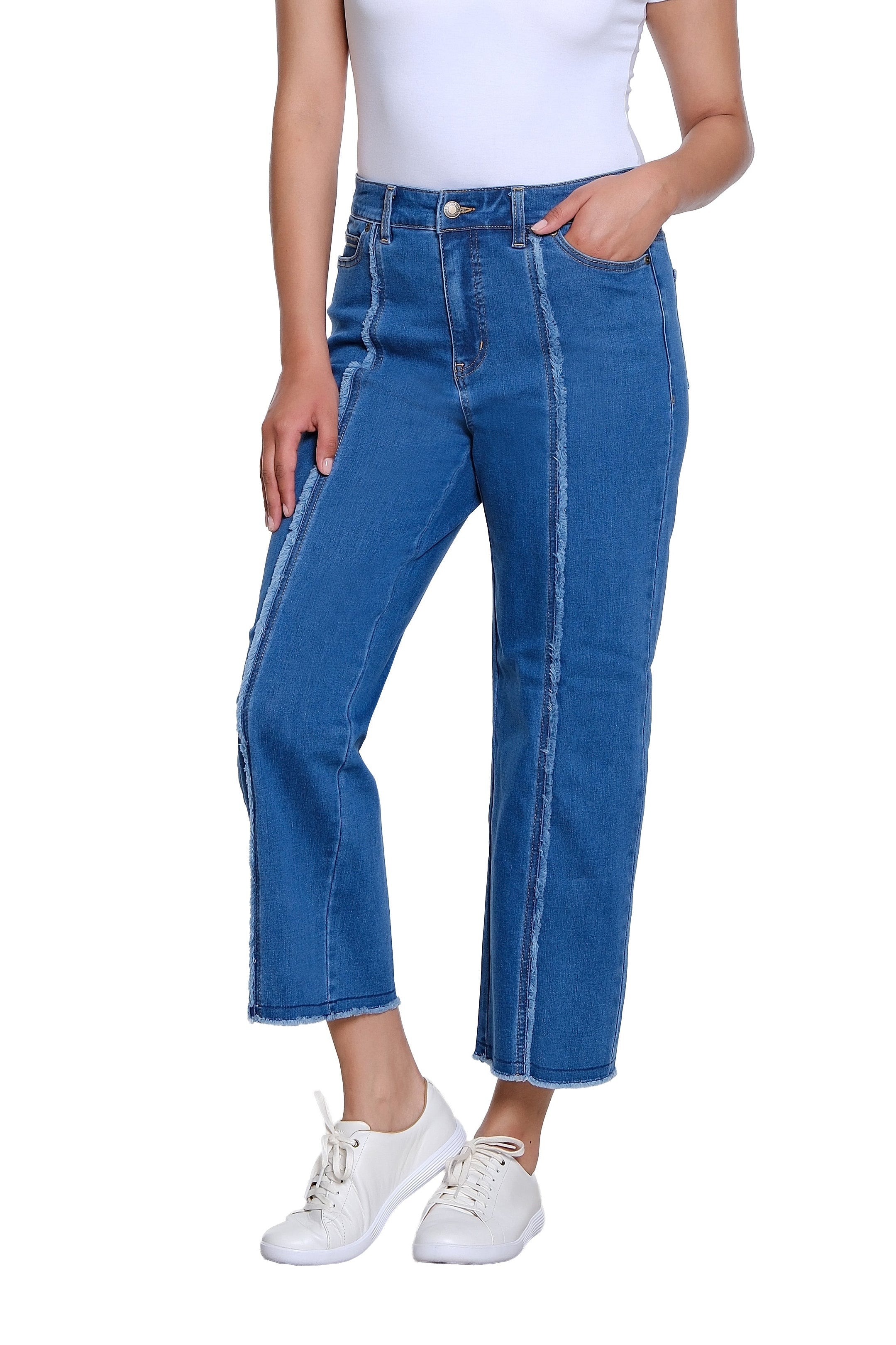 Woven Crop Jean with Front Fringe Seam - Medium Indigo