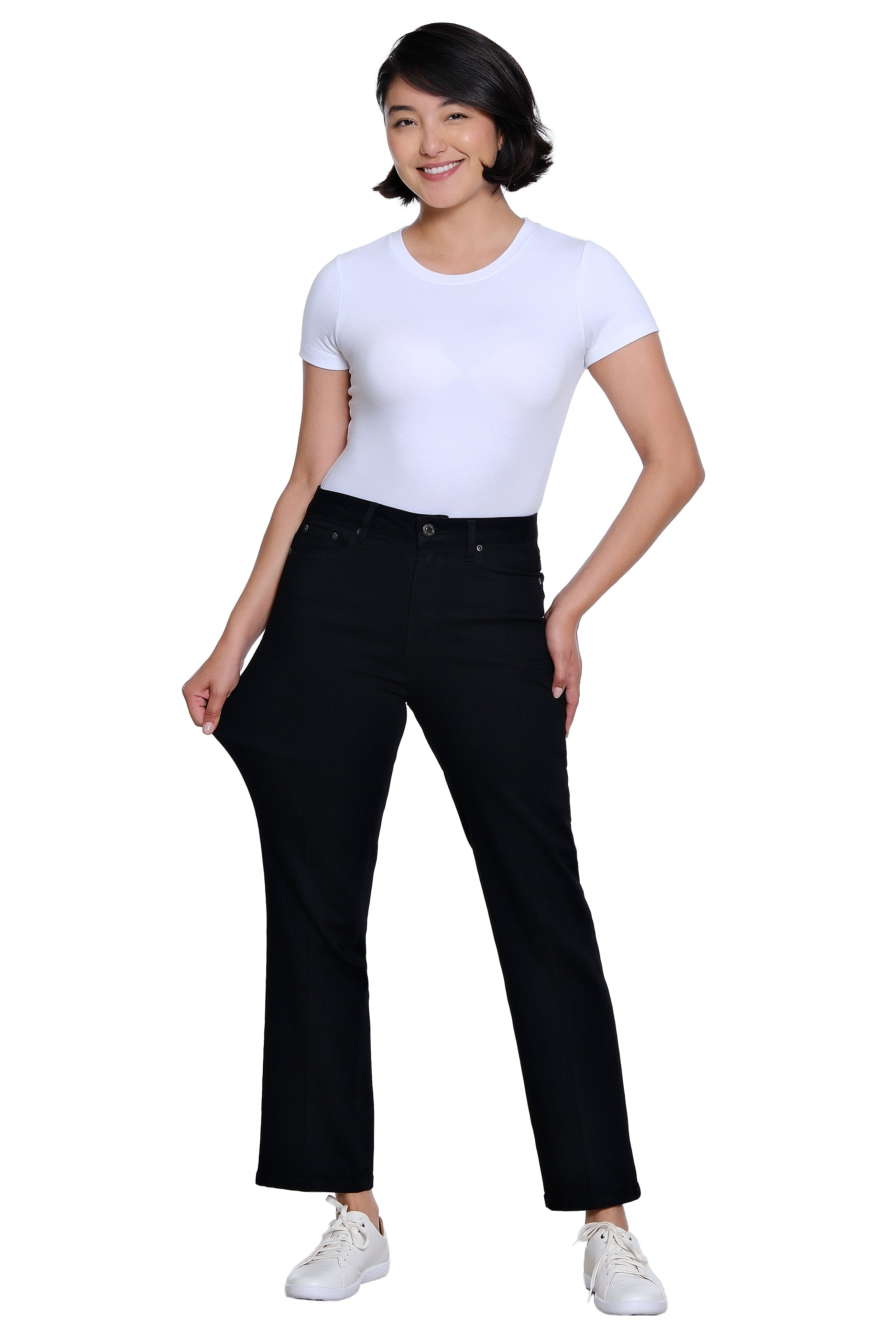 Zip and Button Front 5-Pocket Boot Cut Woven Jean Ankle Pant - Black Denim
