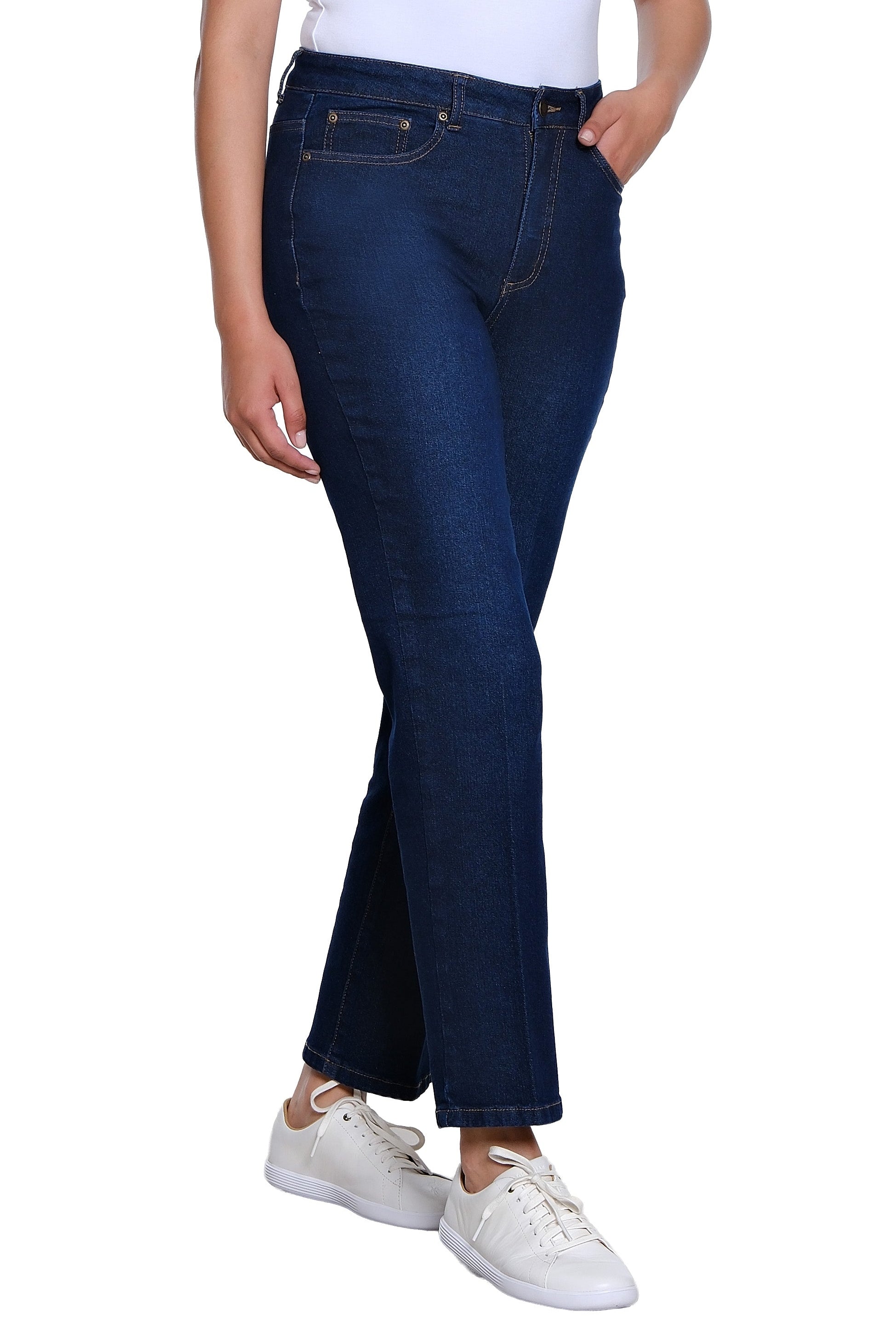 Zip and Button Front 5-Pocket Boot Cut Woven Jean Ankle Pant - Midnight Indigo