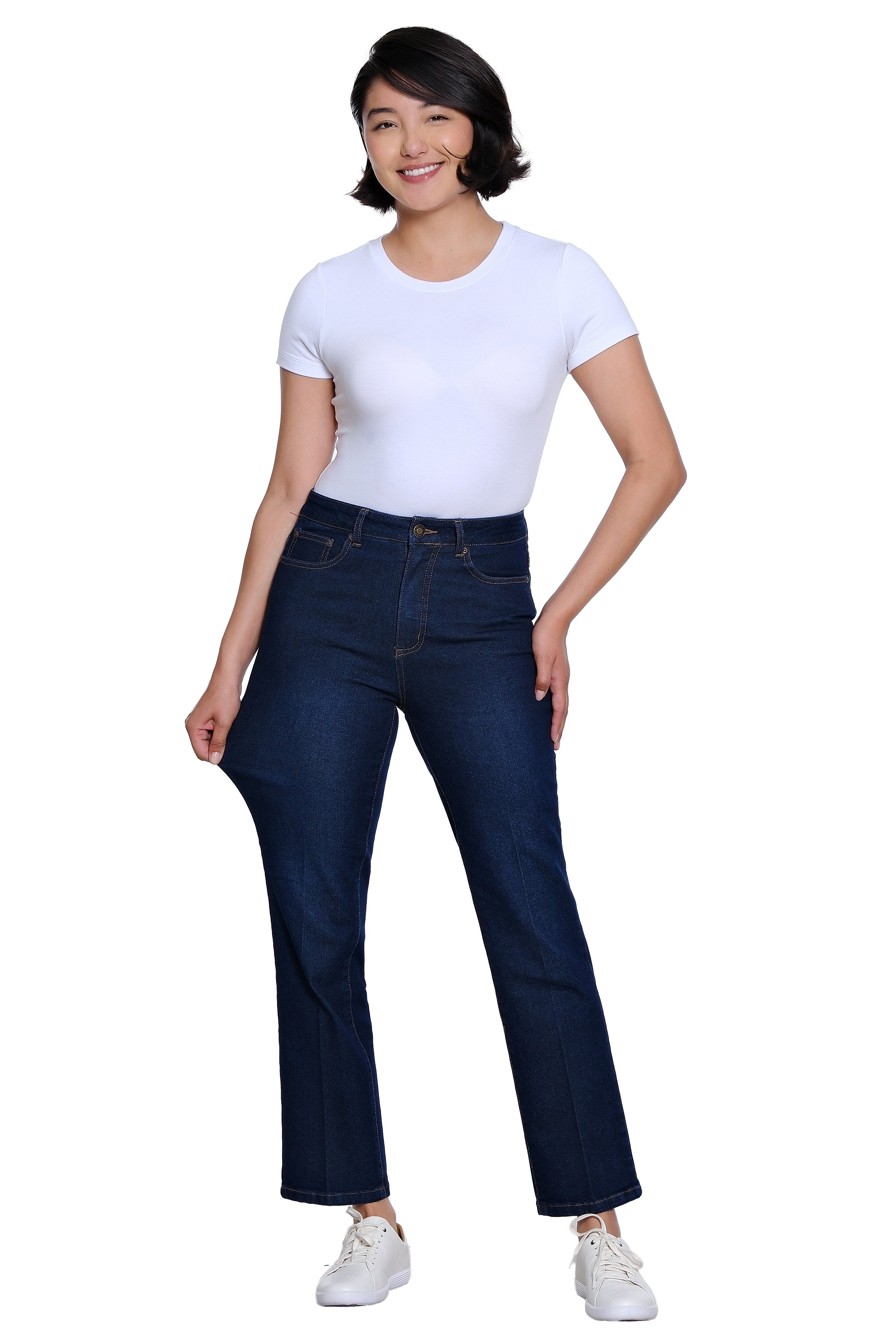 Zip and Button Front 5-Pocket Boot Cut Woven Jean Ankle Pant - Midnight Indigo