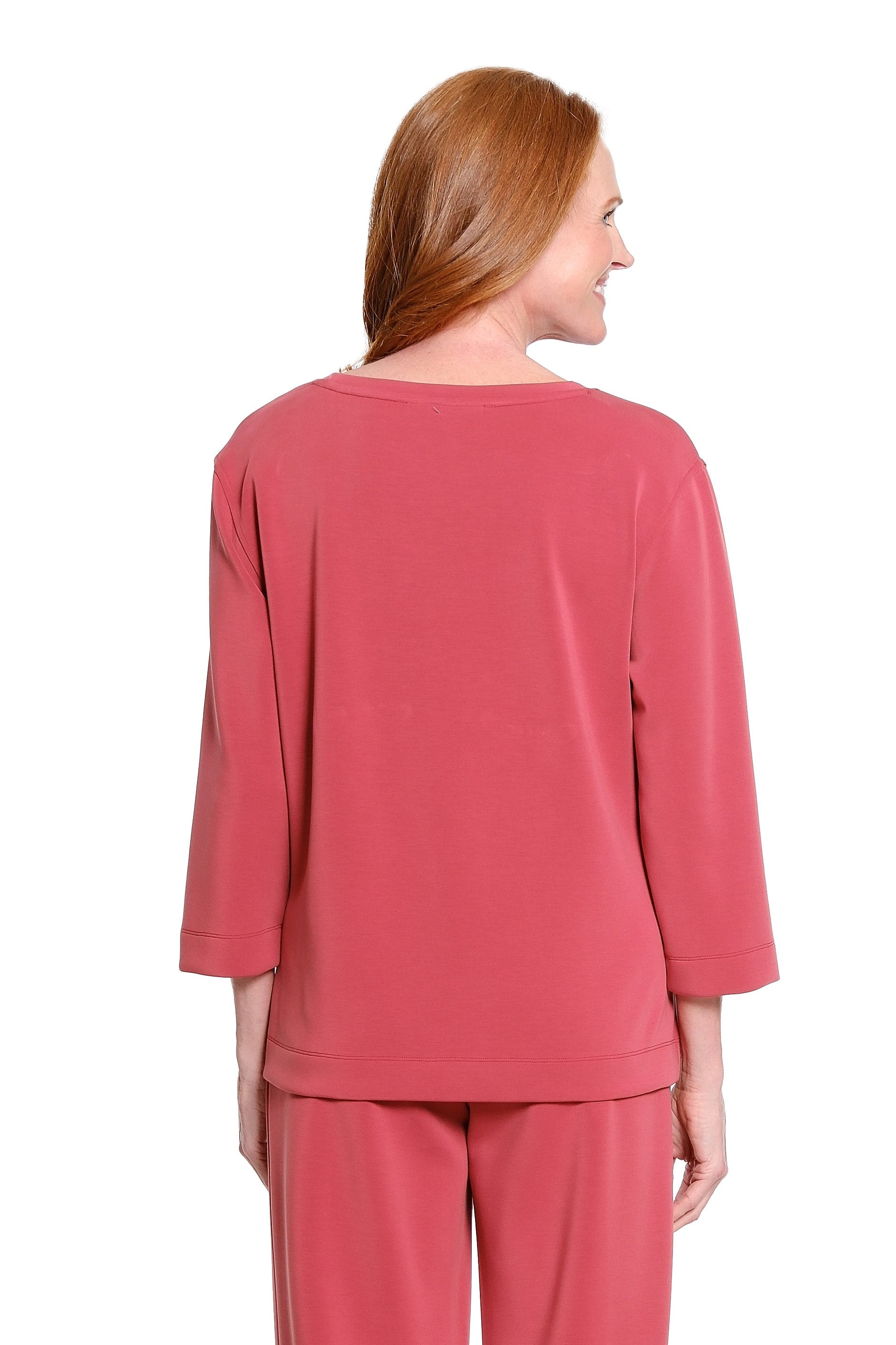 3/4 Sleeve Drop Shoulder Wide Neck Hi-Lo Knit Top - Plus - Brick