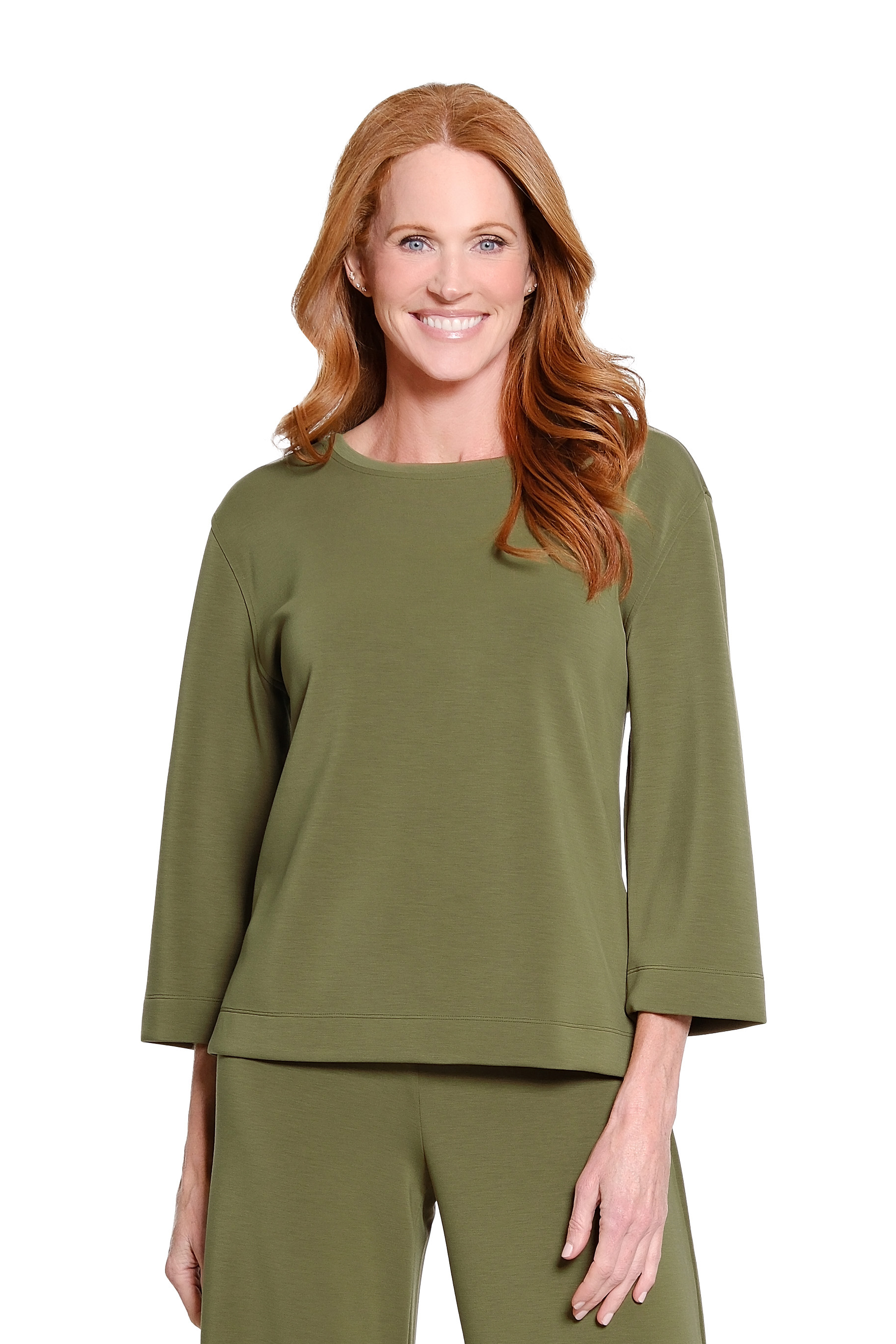 3/4 Sleeve Drop Shoulder Wide Neck Hi-Lo Knit Top - Olive