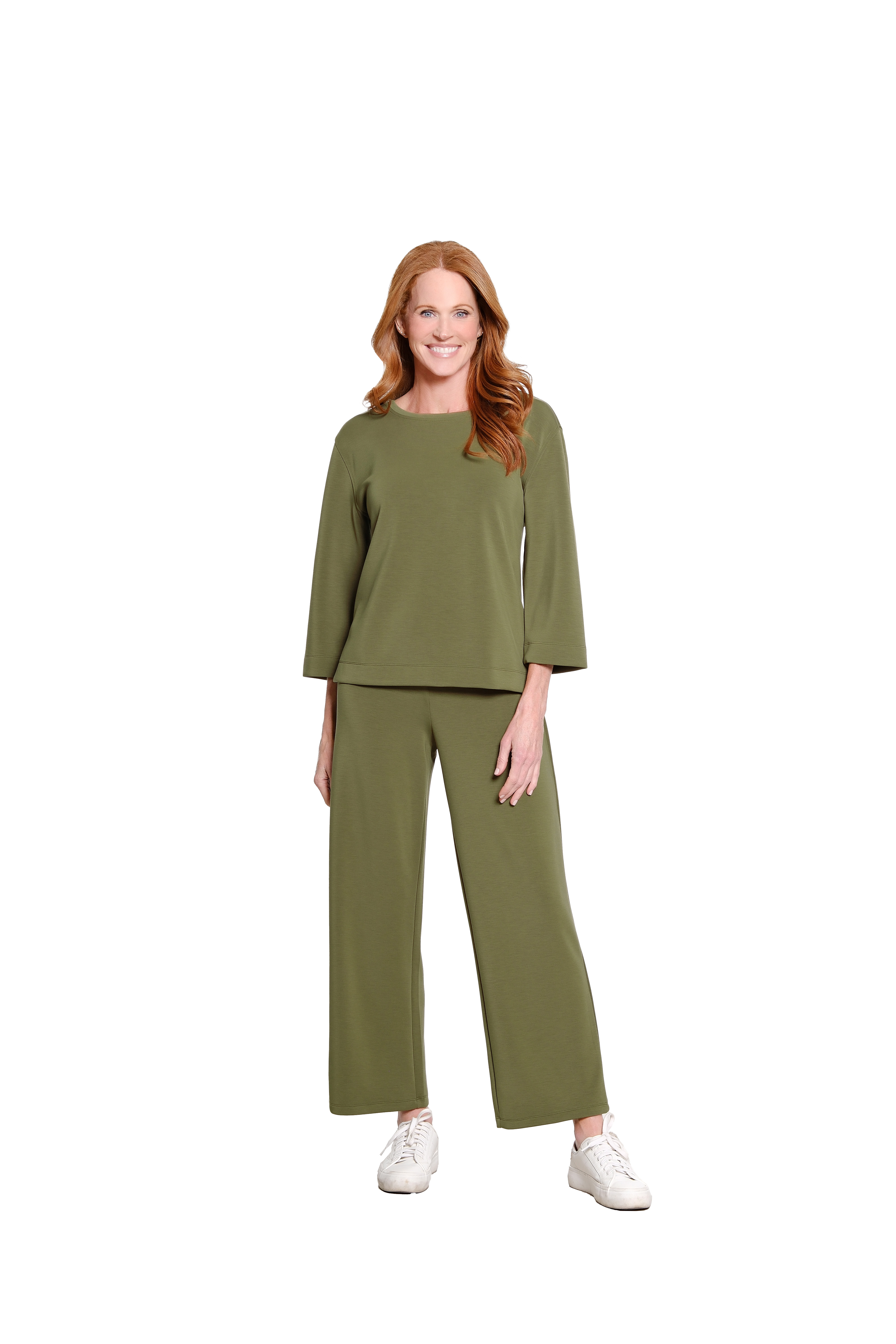 3/4 Sleeve Drop Shoulder Wide Neck Hi-Lo Knit Top - Plus - Olive