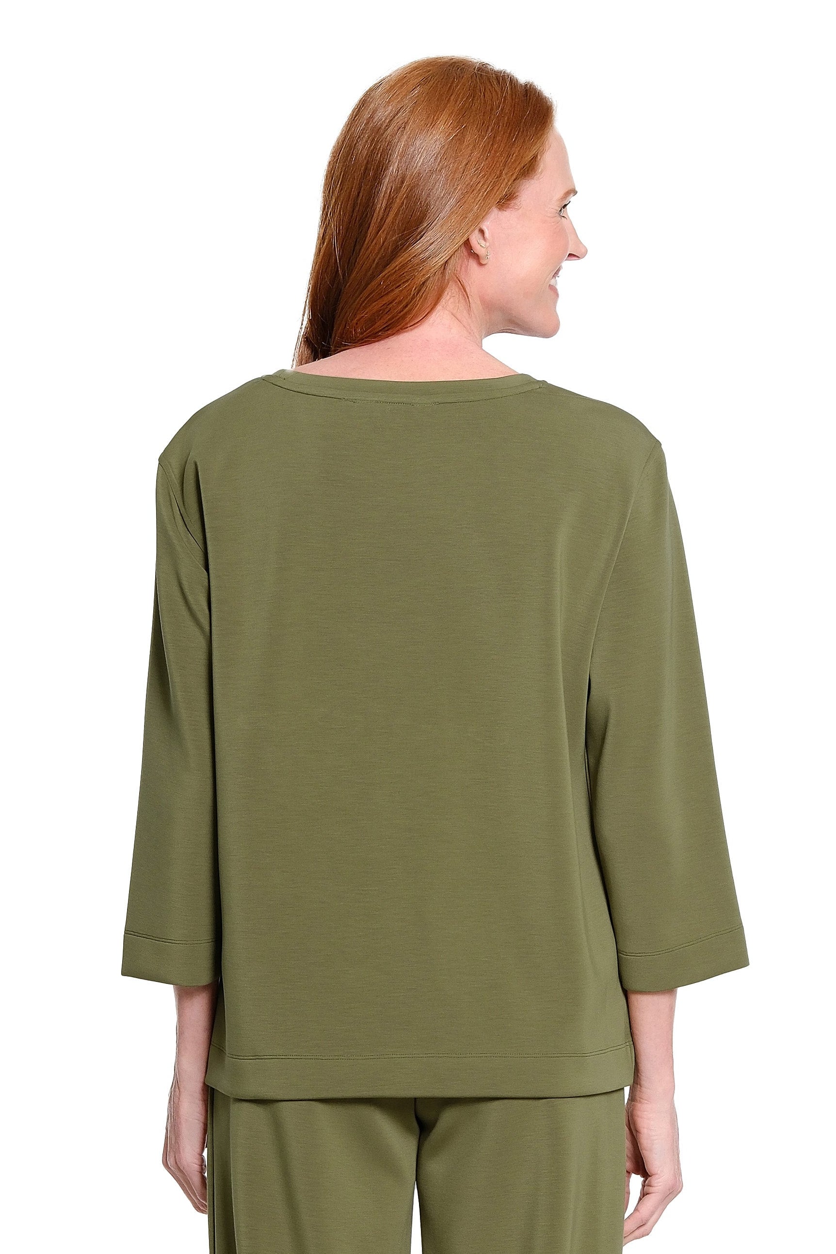 3/4 Sleeve Drop Shoulder Wide Neck Hi-Lo Knit Top - Plus - Olive