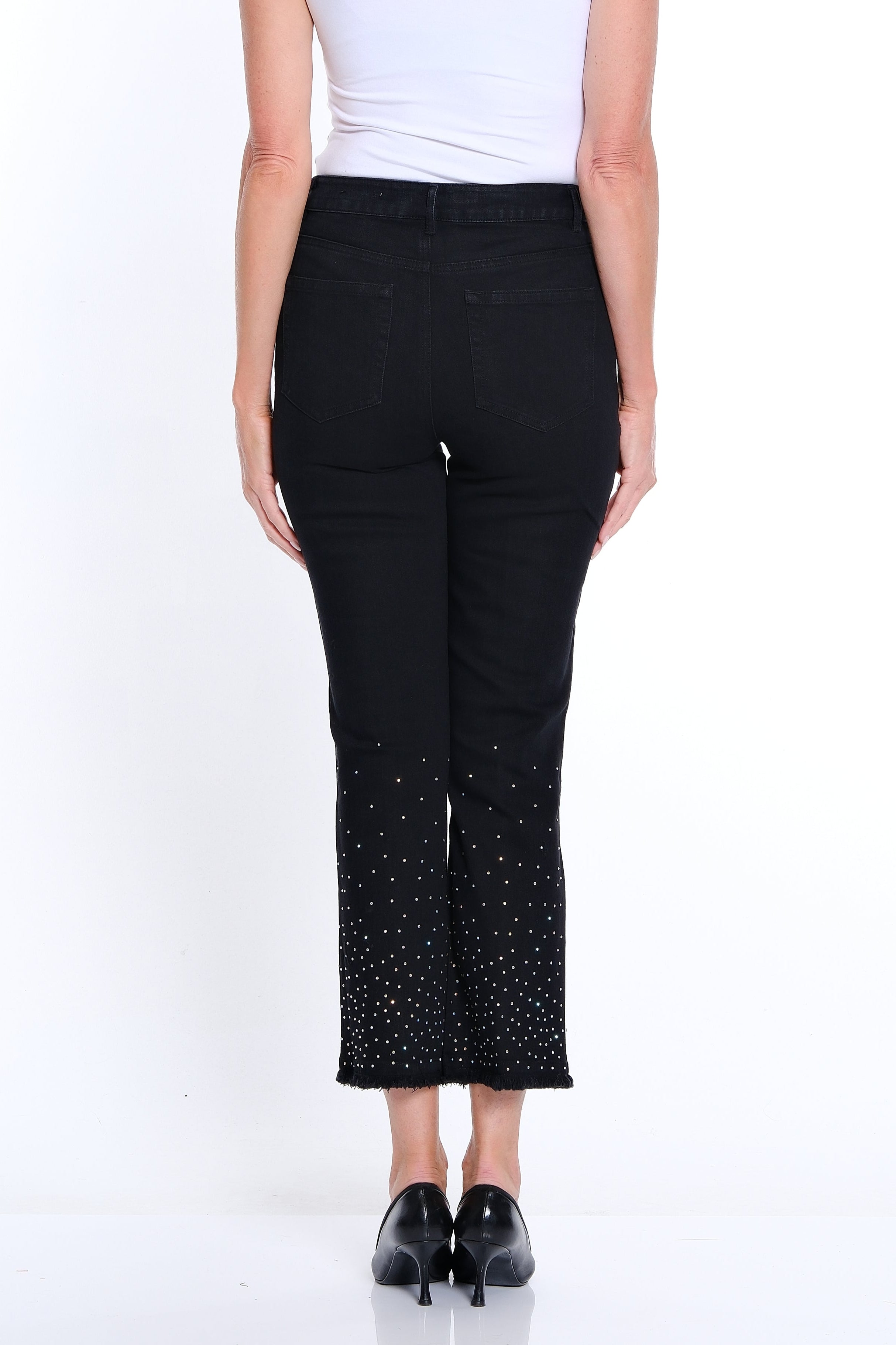 Embellished Flare Ankle Jean - Black Denim