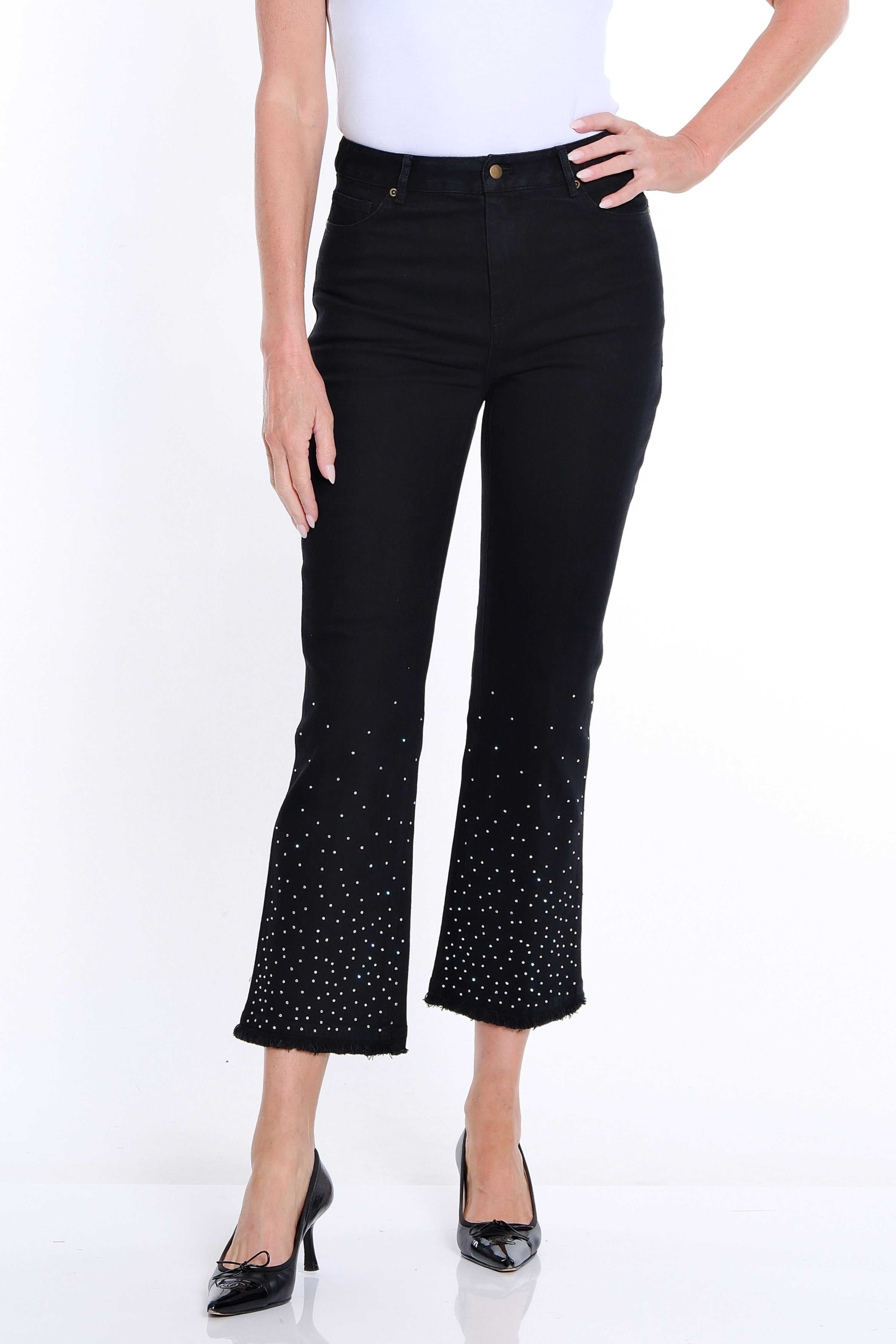 Embellished Flare Ankle Jean - Black Denim