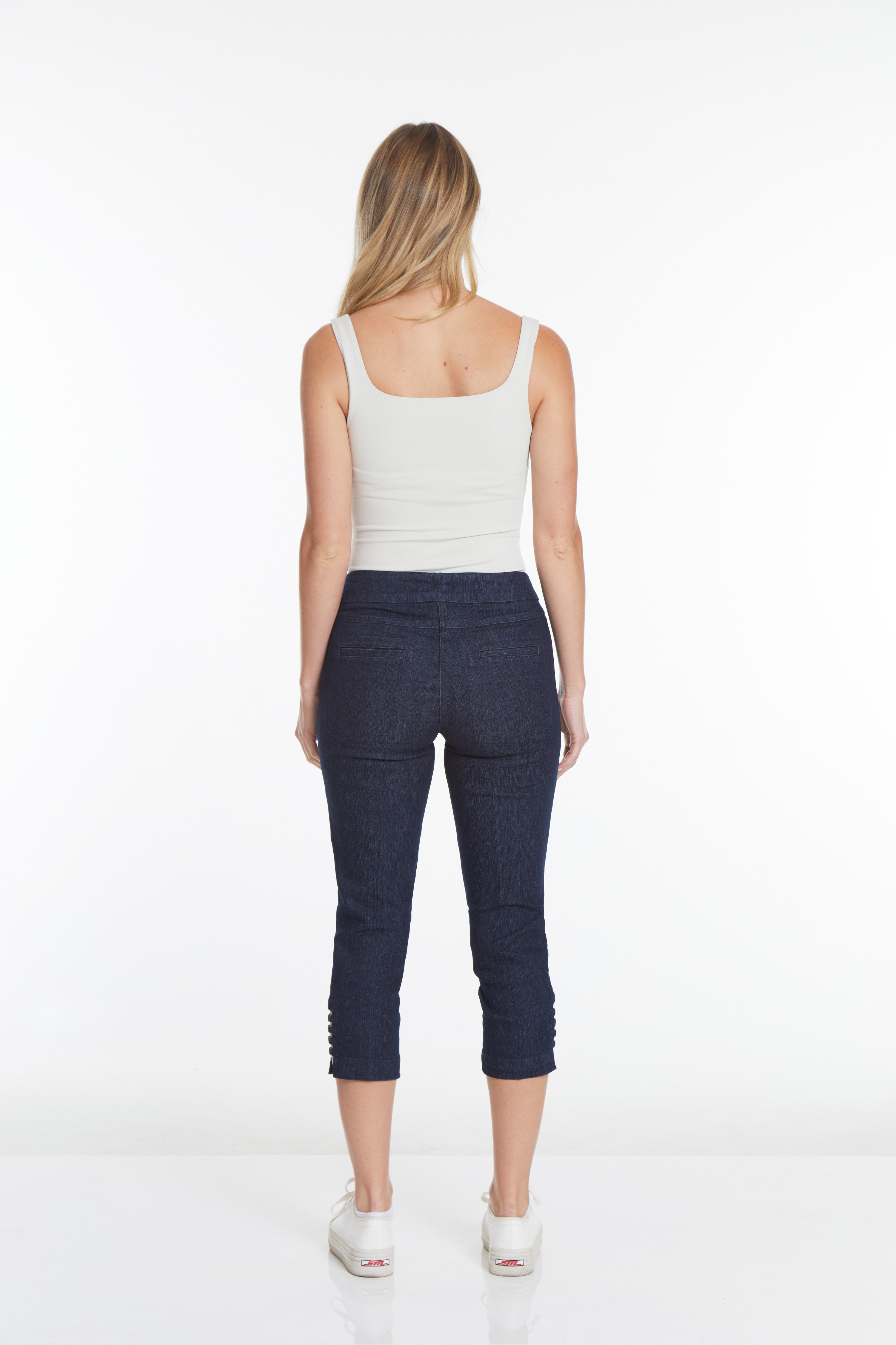 Plus Size Denim Crop Pants with Pockets & Strap Hem Vents